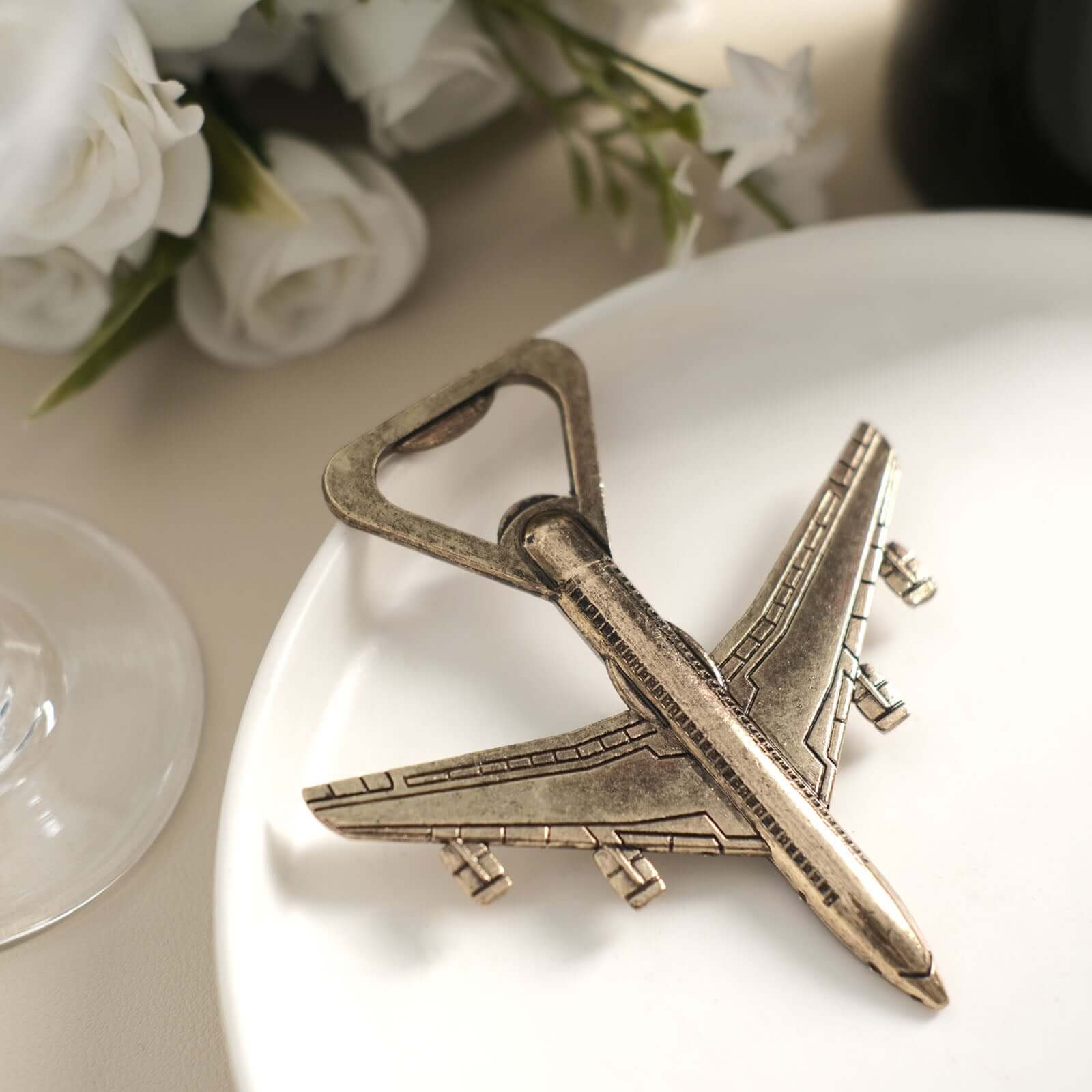 4 Antique Gold Metal Airplane Bottle Opener Vintage Party Favor Gift Box Pre-Packed