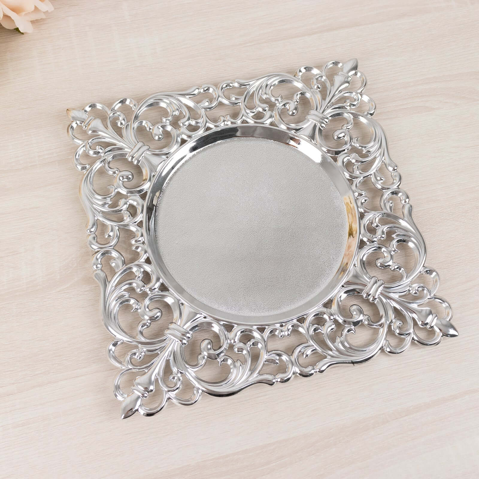 6-Pack Acrylic Square Charger Plates 12 in Silver with Hollow Lace Border, Event Tabletop Decorative Charger Tableware