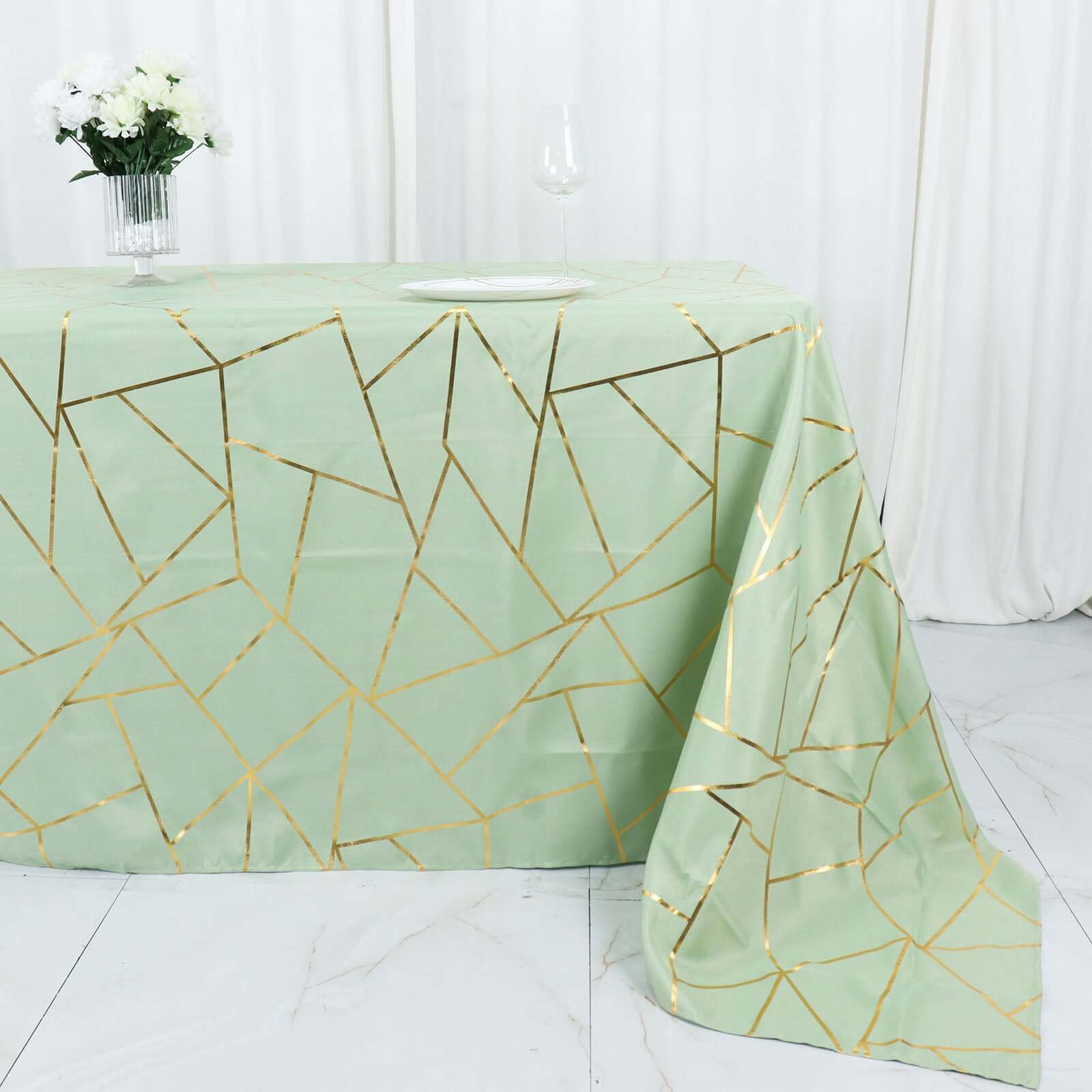 Polyester 90x132 Rectangle Tablecloth Sage Green with Gold Foil Geometric Pattern - Wrinkle-Resistant Seamless Table Cover