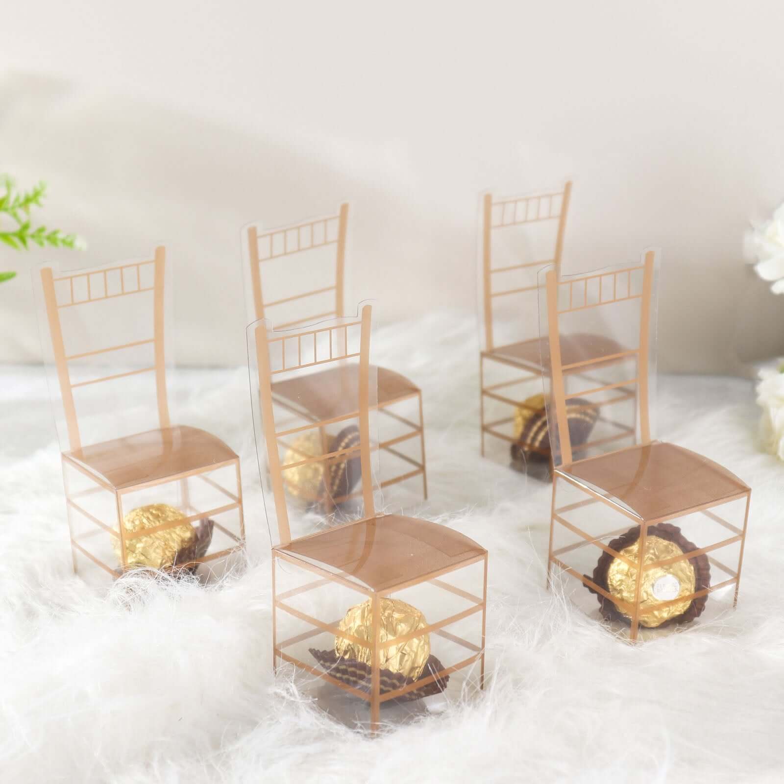 25 Pack Clear and Gold PVC Chiavari Chair-Shaped Party Favor Candy Gift Boxes - 2x5