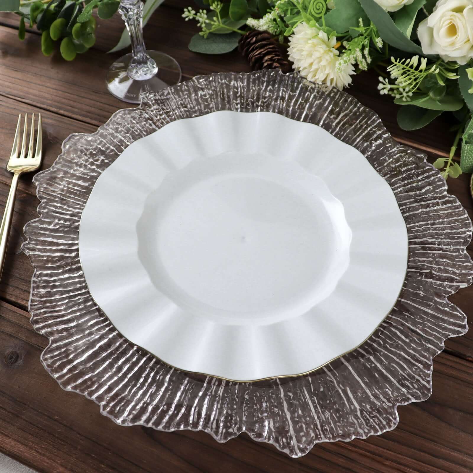 10-Pack Plastic 9 Round Dinner Plates in White Ruffled Rim with Gold Edging - Sturdy Disposable Dinnerware for Classy Events & Banquets