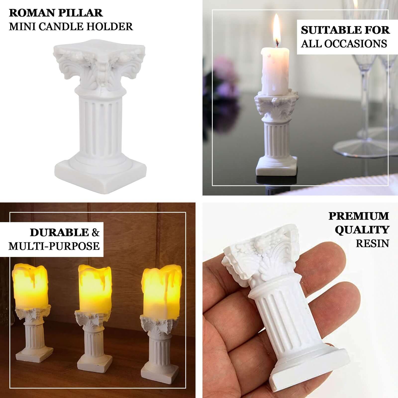6-Pack Resin Roman Column Pillar Pedestal Candle Holders, Greek Statue Antique White Stands Sturdy Decorative Design 2.5