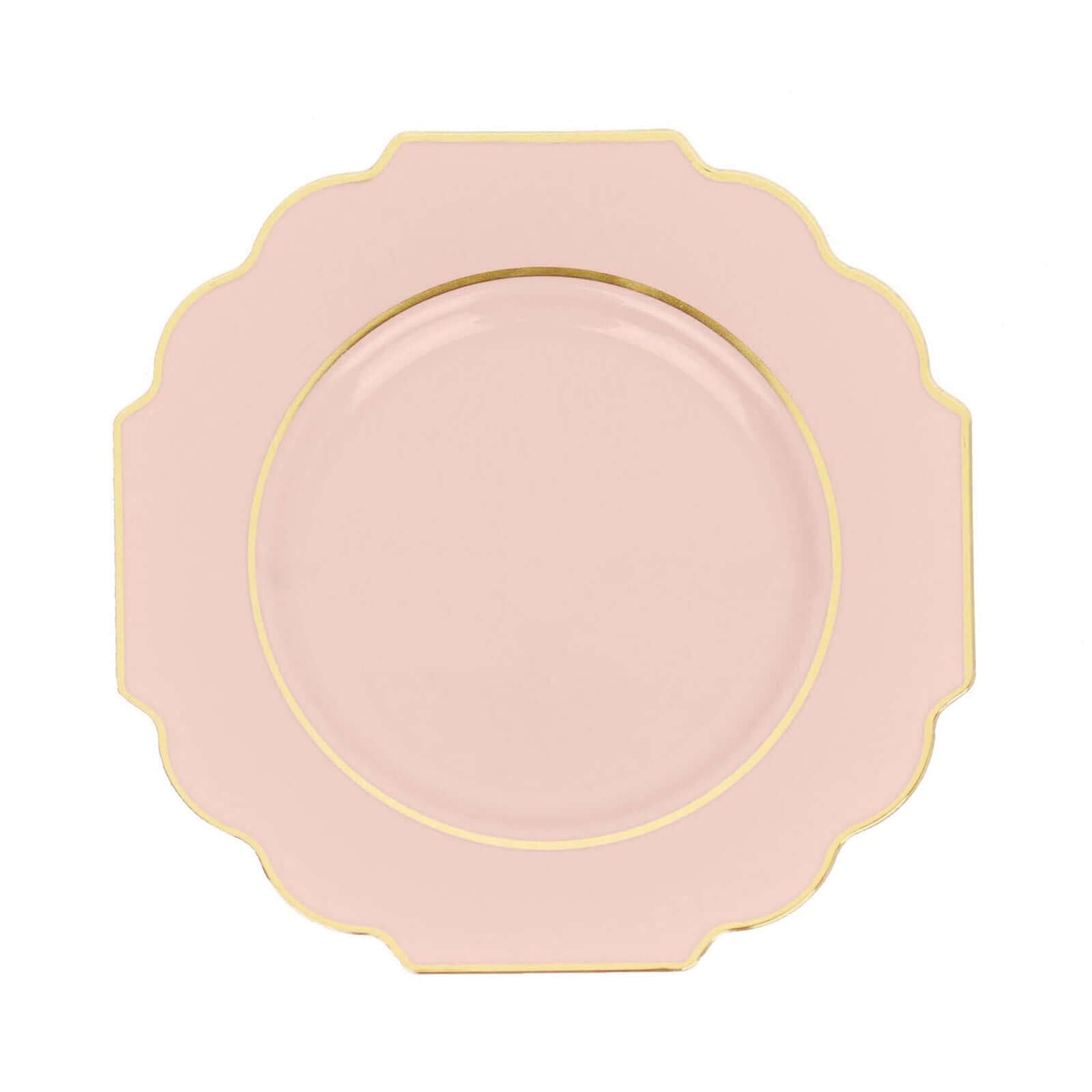 10-Pack Plastic Dinner Plates in Blush Baroque Design with Scalloped Gold Rim - Heavy Duty Disposable Party Plates 11