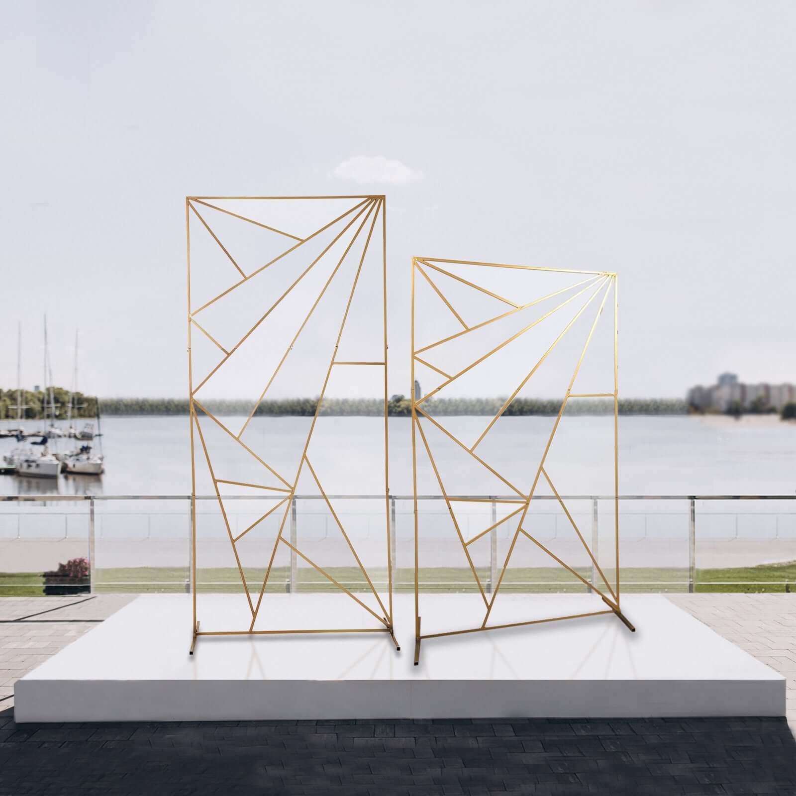 6ft Tall Gold Metal Rectangular Geometric Flower Frame Prop Stand, Wedding Backdrop Floor Stand With Cloudy Film Insert