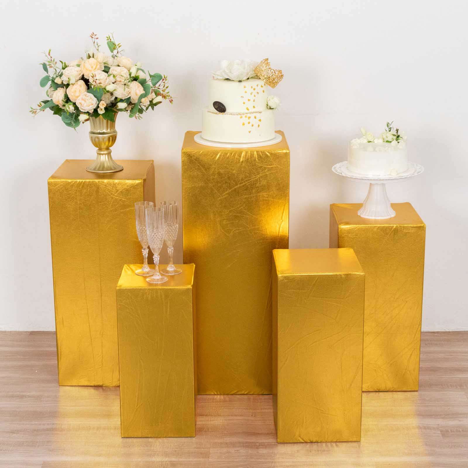 Set of 5 Metallic Gold Spandex Rectangle Pedestal Stand Covers, Stretchable Pillar Prop Covers - 160 GSM