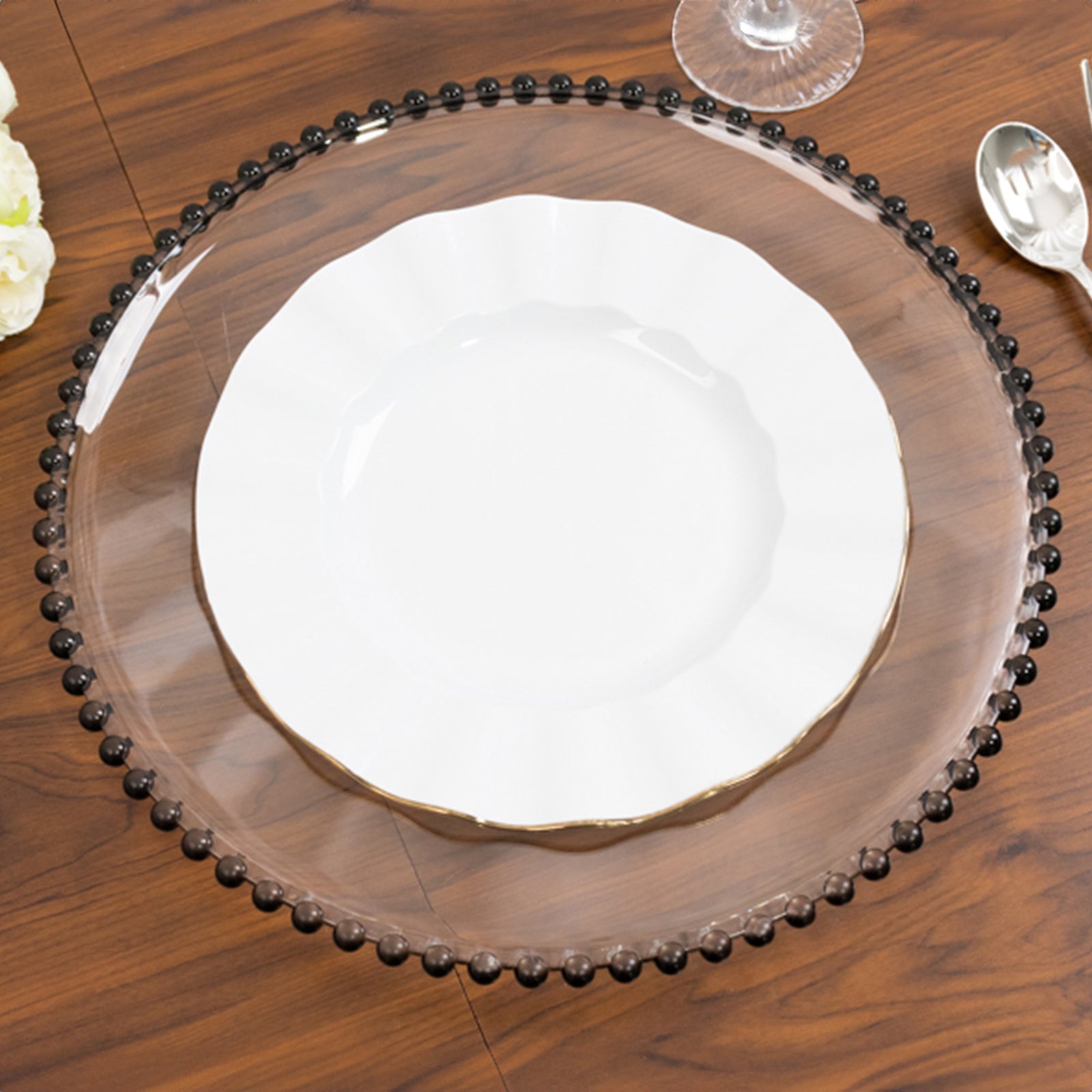 6-Pack Acrylic Round Charger Plates 13 in Clear with Black Beaded Rim, Decorative Dinner Party Charger Tableware