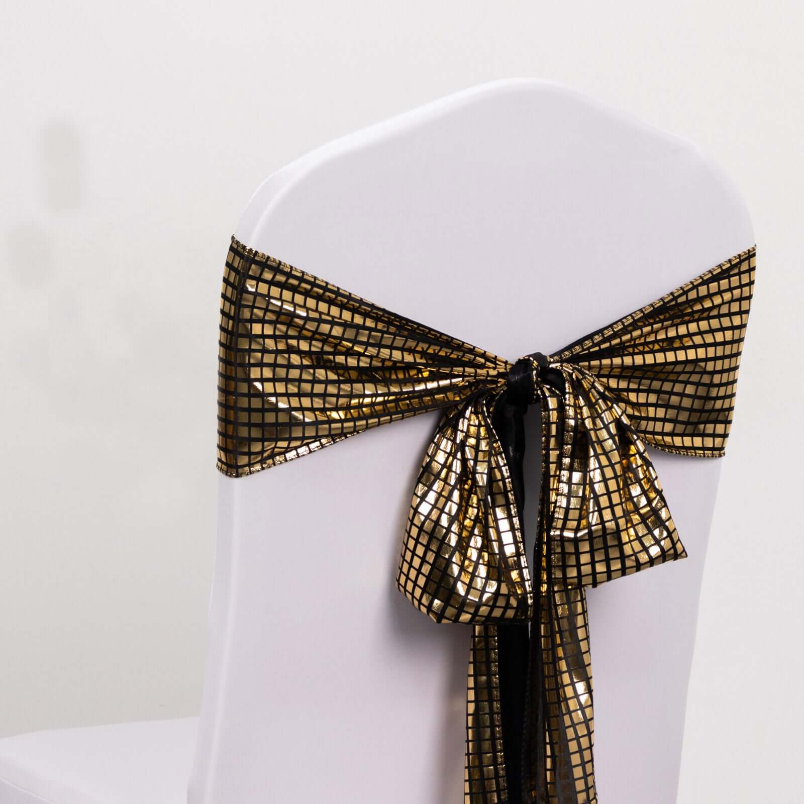 5 Pack Chair Sashes Shiny Foil Polyester 6x108 Black/Gold - Stylish Disco Mirror Ball Event Decor