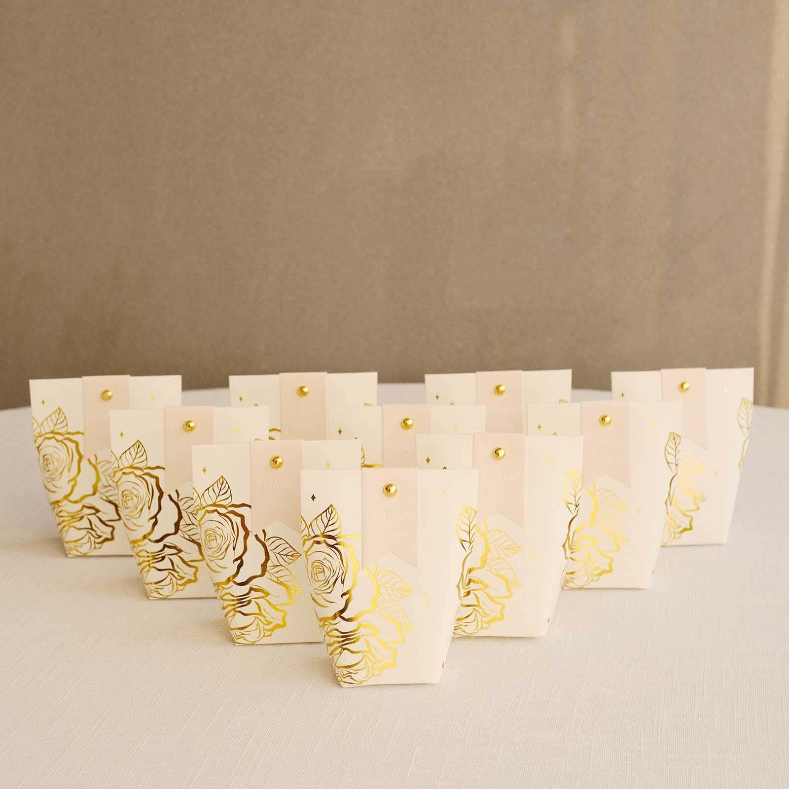 25 Pack White Paper Pouch Candy Gift Bags With Gold Rose Flower Print, Party Favor Boxes with Pin and Tags - 4.5x4