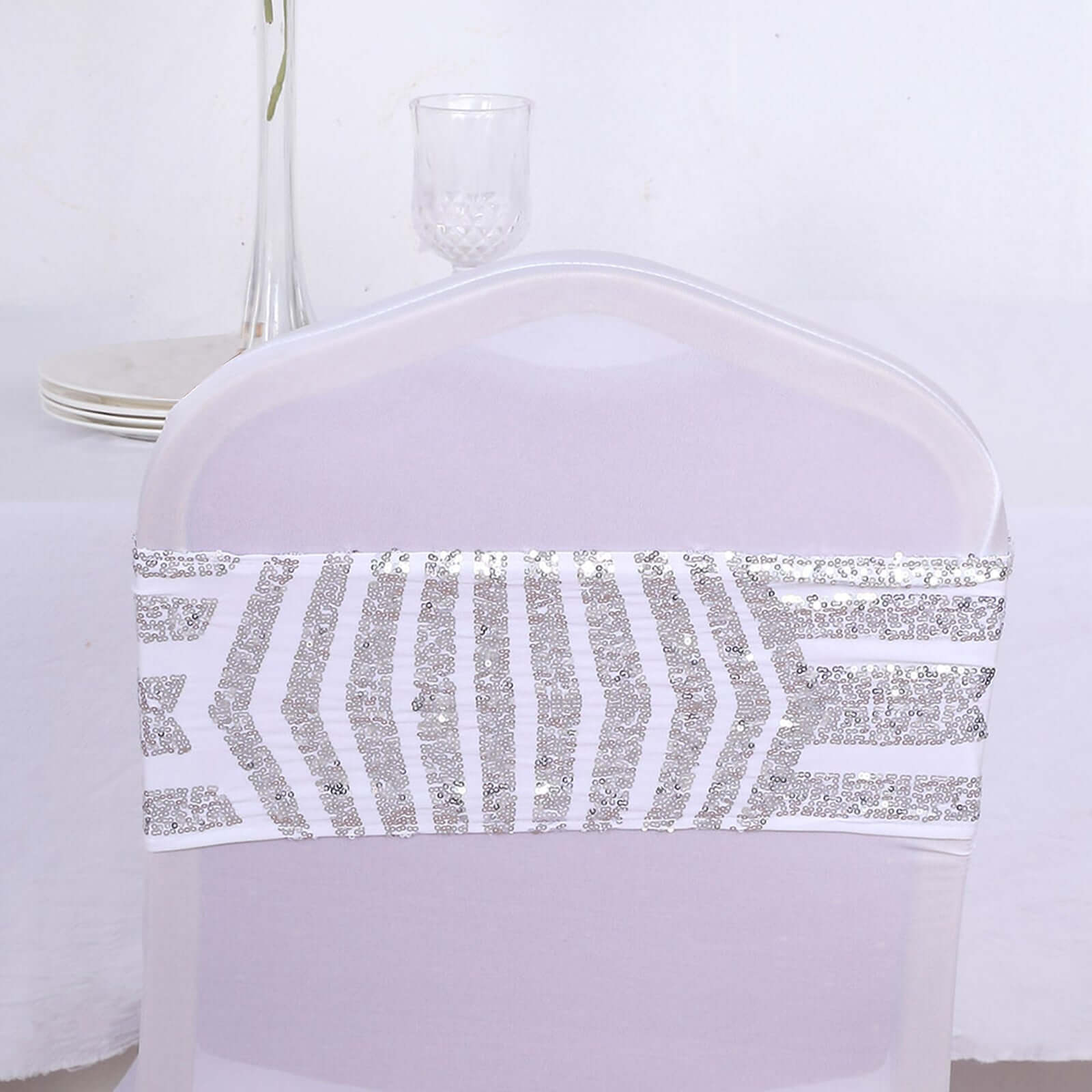 5 Pack Sequin Spandex Chair Sash White with Silver Geometric Diamond Glitz Pattern - Durable & Easy To Use Stretchable Chair Bands