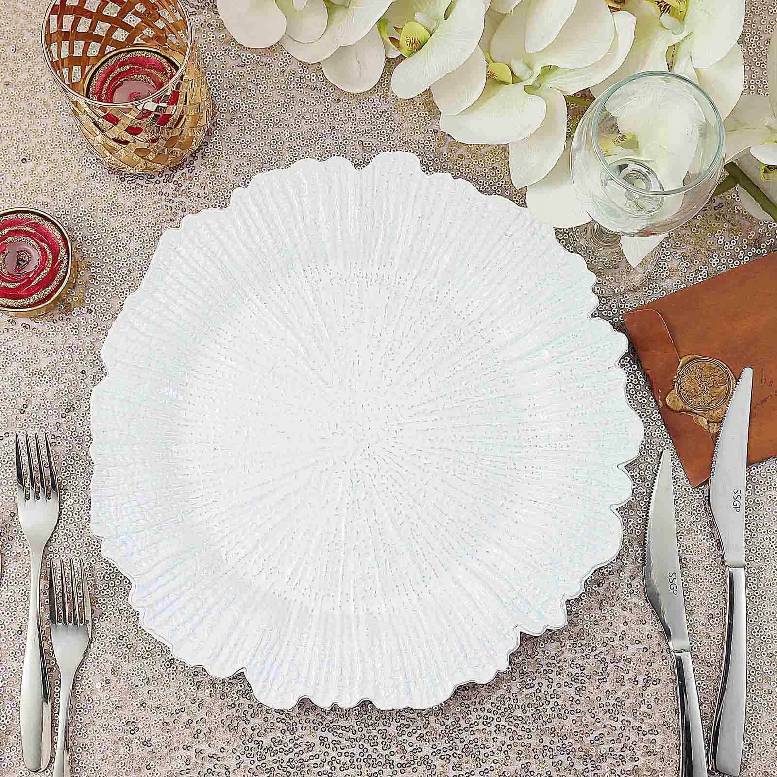 6-Pack Acrylic Plastic Round Charger Plates 13 in White with Reef Design, Classy Dinner Party Charger Tableware