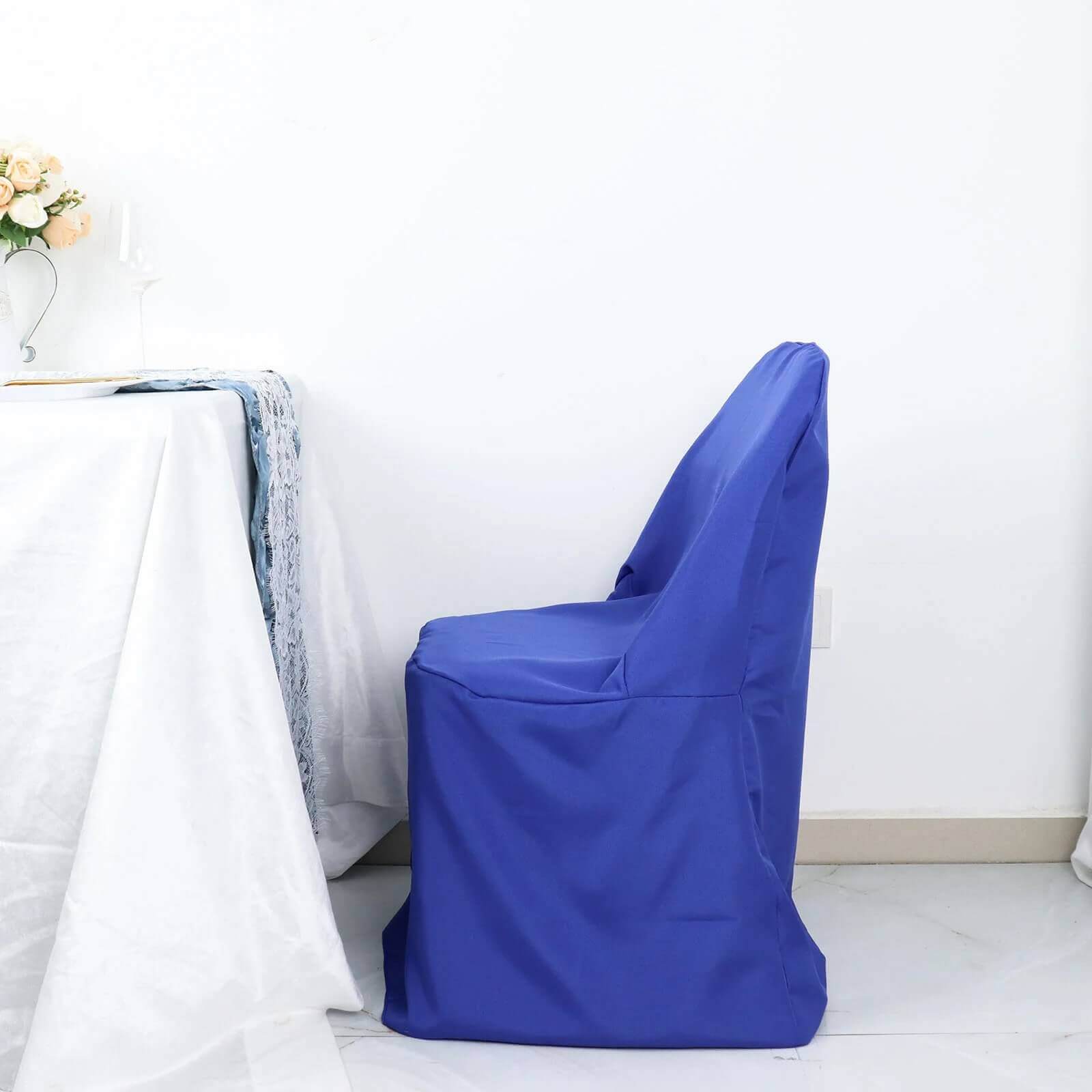 10 Pack Polyester Chair Covers for Folding Chairs Royal Blue - Wrinkle-Free Stain-Resistant Slip-On Slipcovers