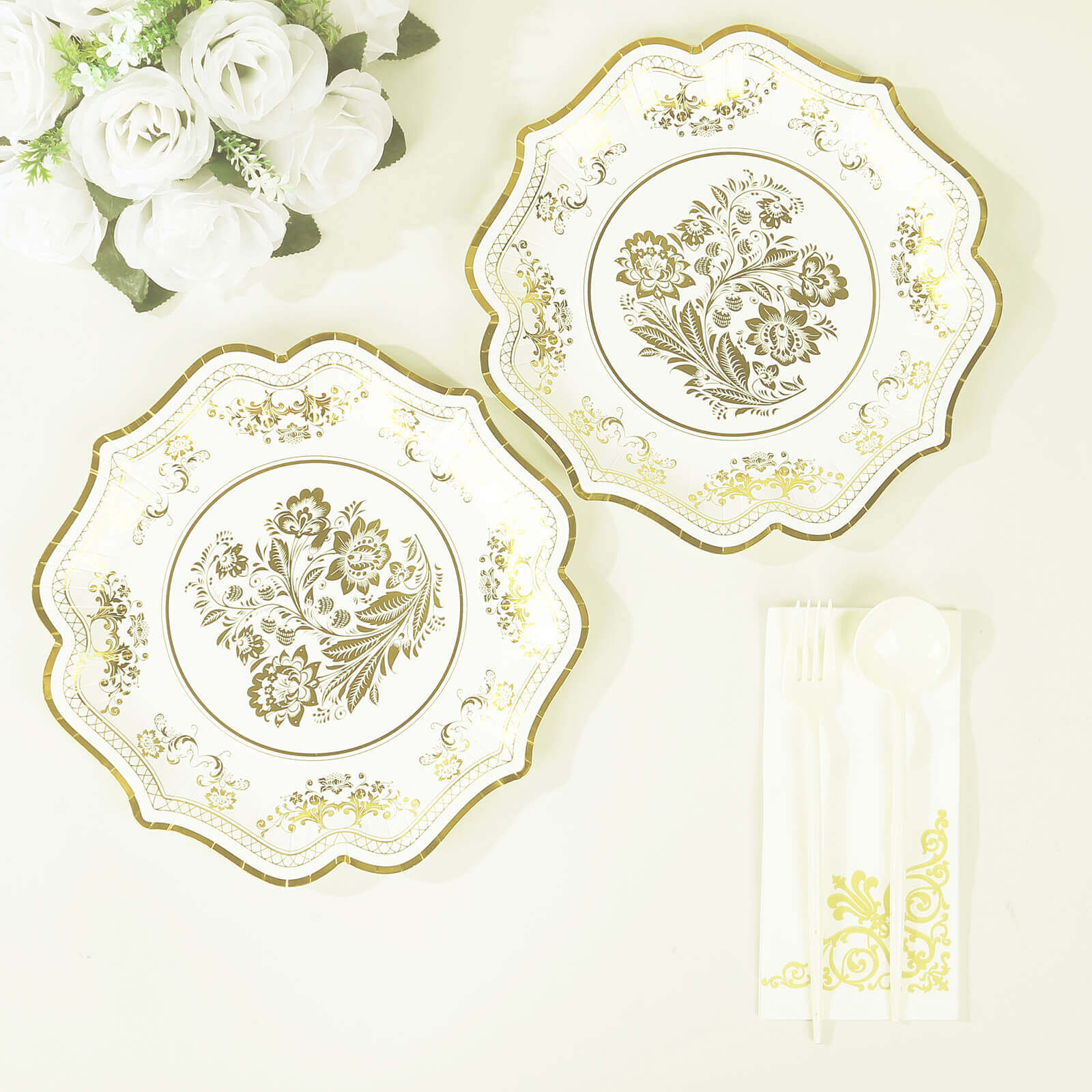 25-Pack Paper Dinner Plates in White with Gold French Toile Print & Scallop Rim - Stylish Disposable 300GSM Floral Party Plates for Weddings & Events 10