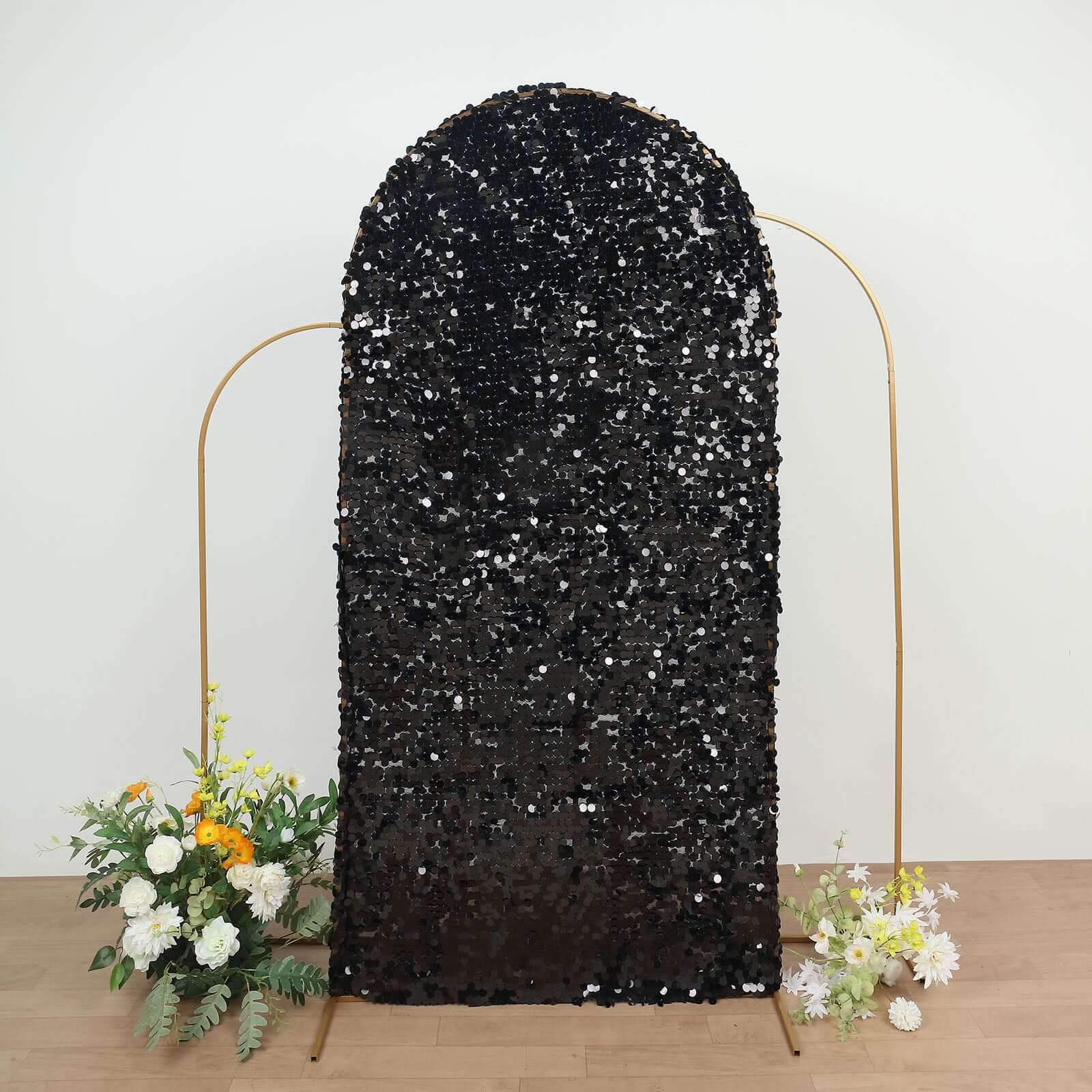7ft Sparkly Black Double Sided Big Payette Sequin Chiara Backdrop Stand Cover For Fitted Round Top Wedding Arch