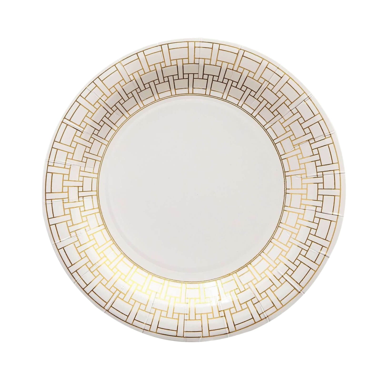 25-Pack Paper 9 Round Dinner Plates in White with Gold Basketweave Rim - Disposable Party Plates for Stylish Soirées & Festive Brunches