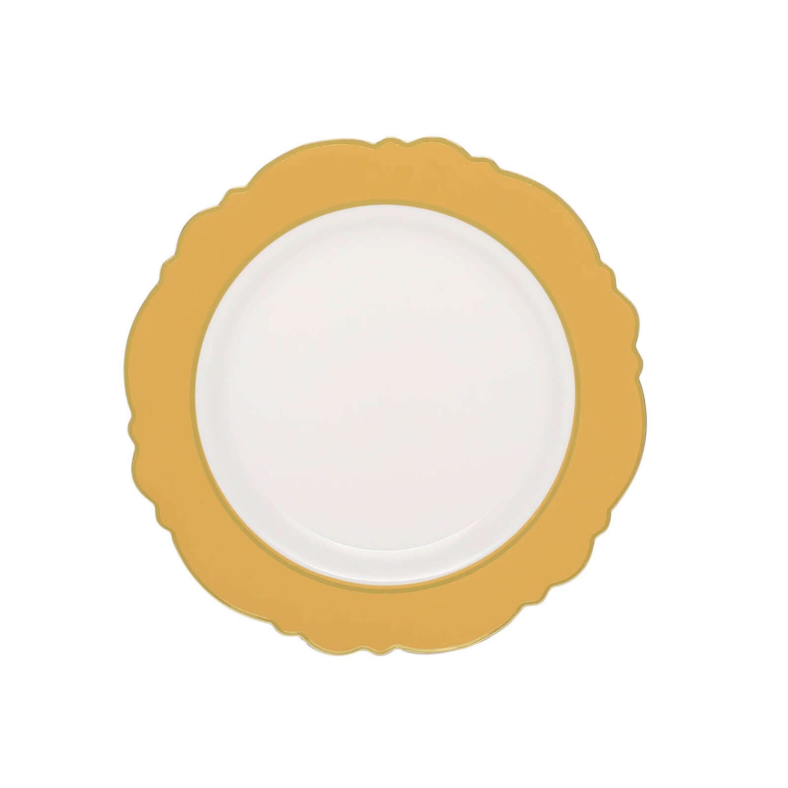 10-Pack Plastic 8 Round Dessert Plates in White with Gold Blossom Design & Gold Edging - Disposable Salad Appetizer Plates for Modern & Classy Table Decor