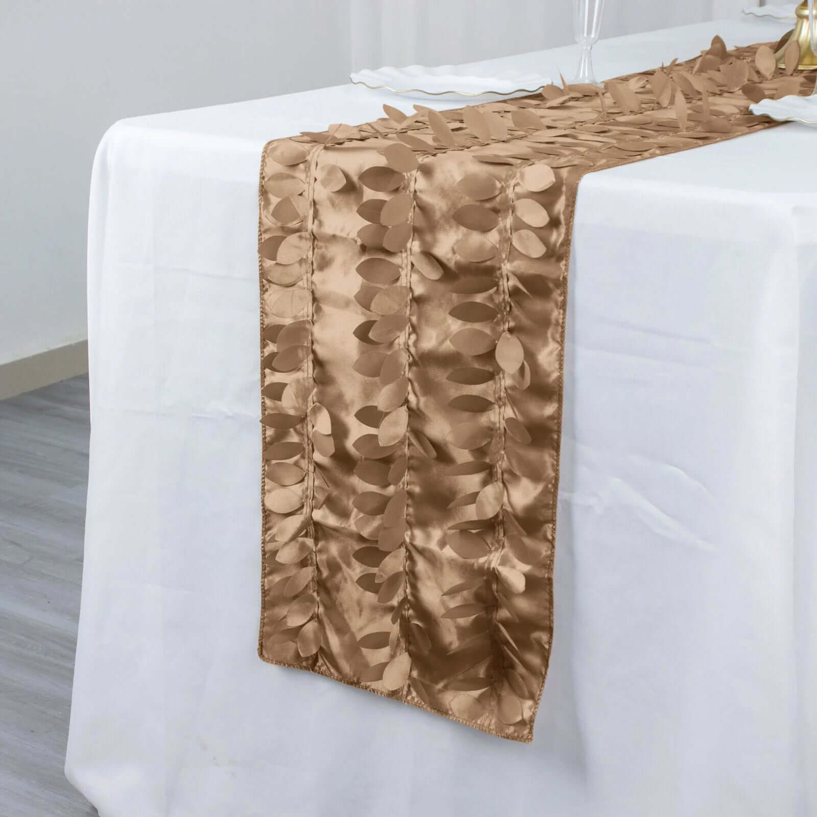 Taffeta Fabric 12x108 Table Runner Taupe - 3D Leaf Petal Design