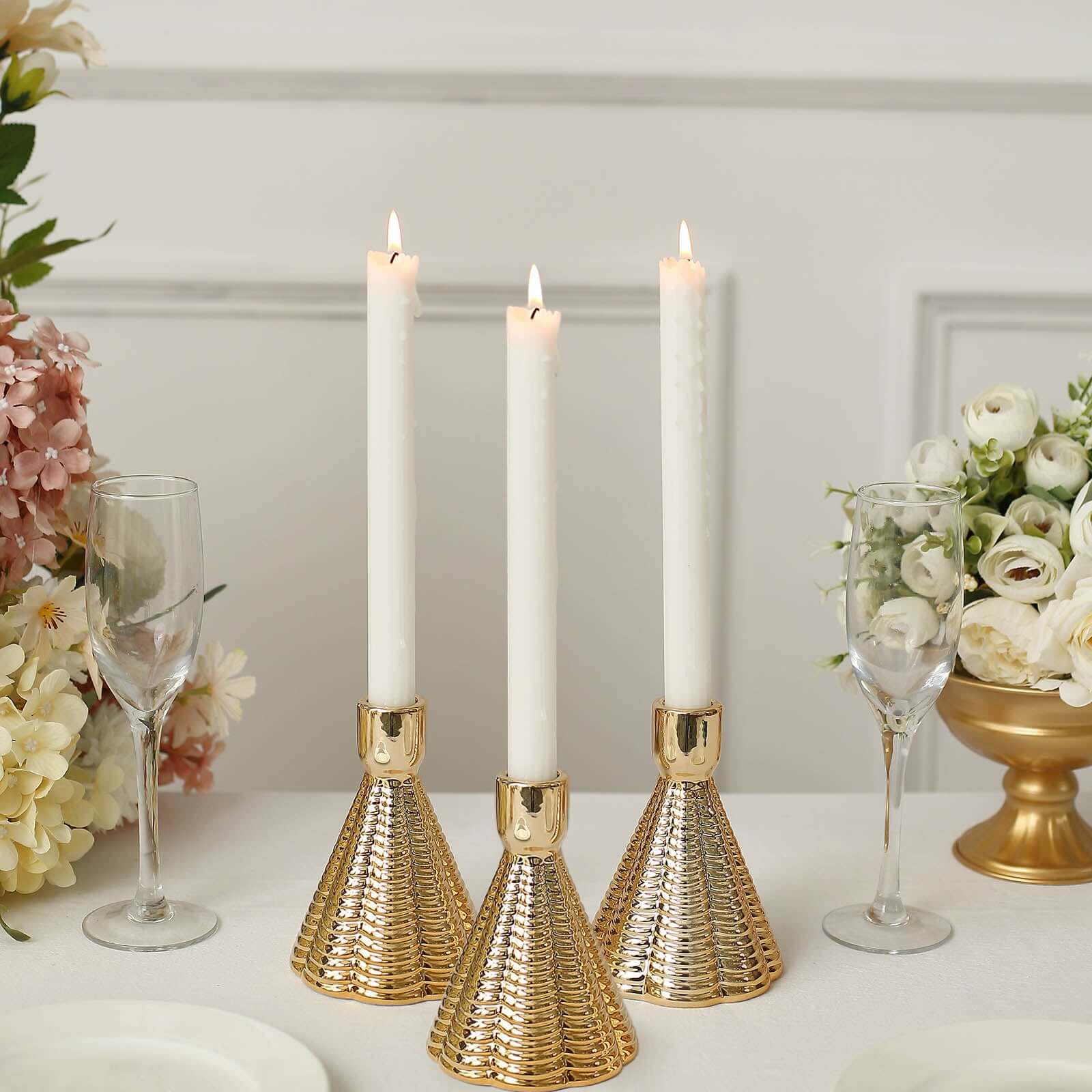 3-Pack Ceramic Taper Candle Holders Ribbed Cone Shaped Design Metallic Gold - Candlestick Stands for Decor 5