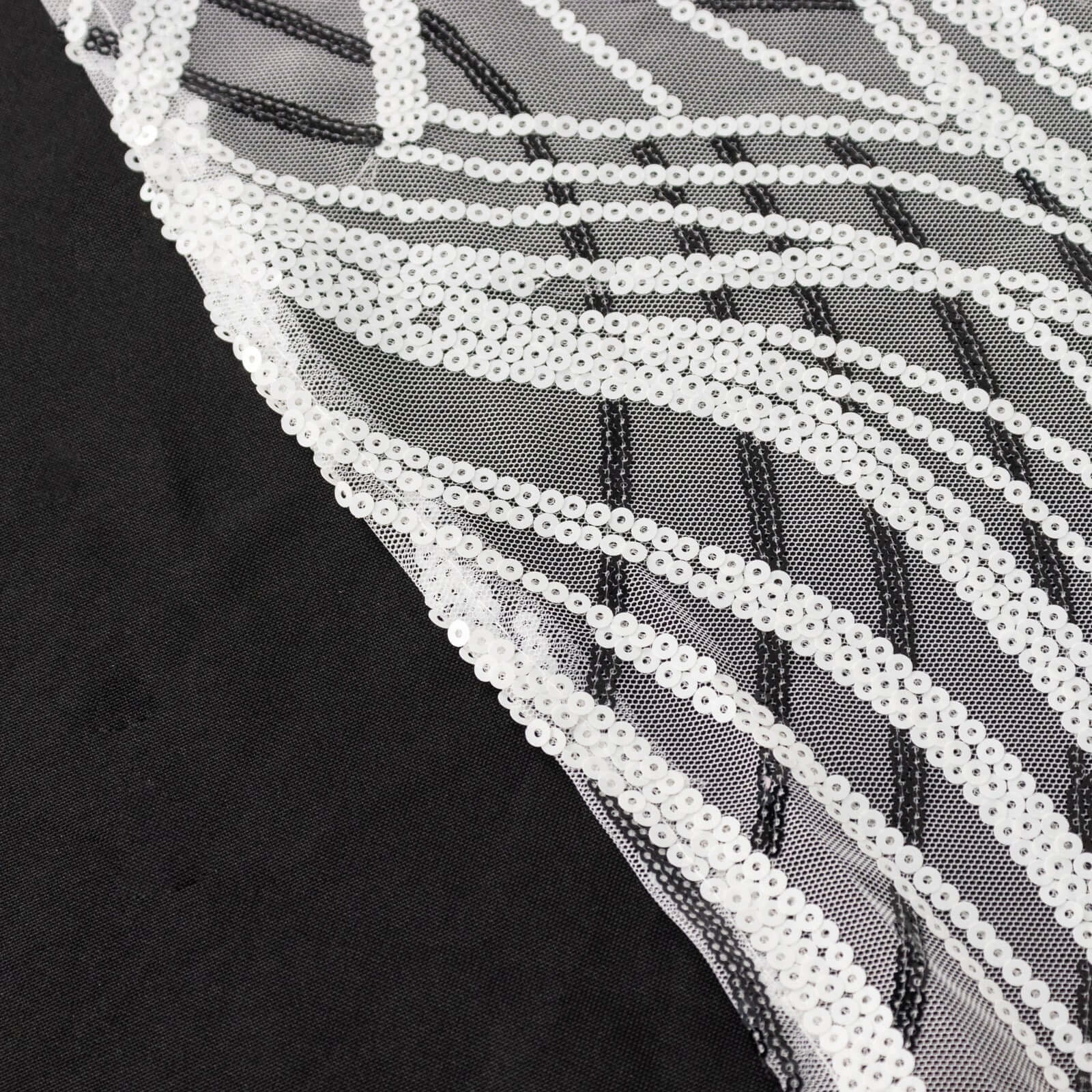 Mesh 72x72 Table Overlay Square Tablecloth White Black - Wave Embroidered Sequins Table Topper