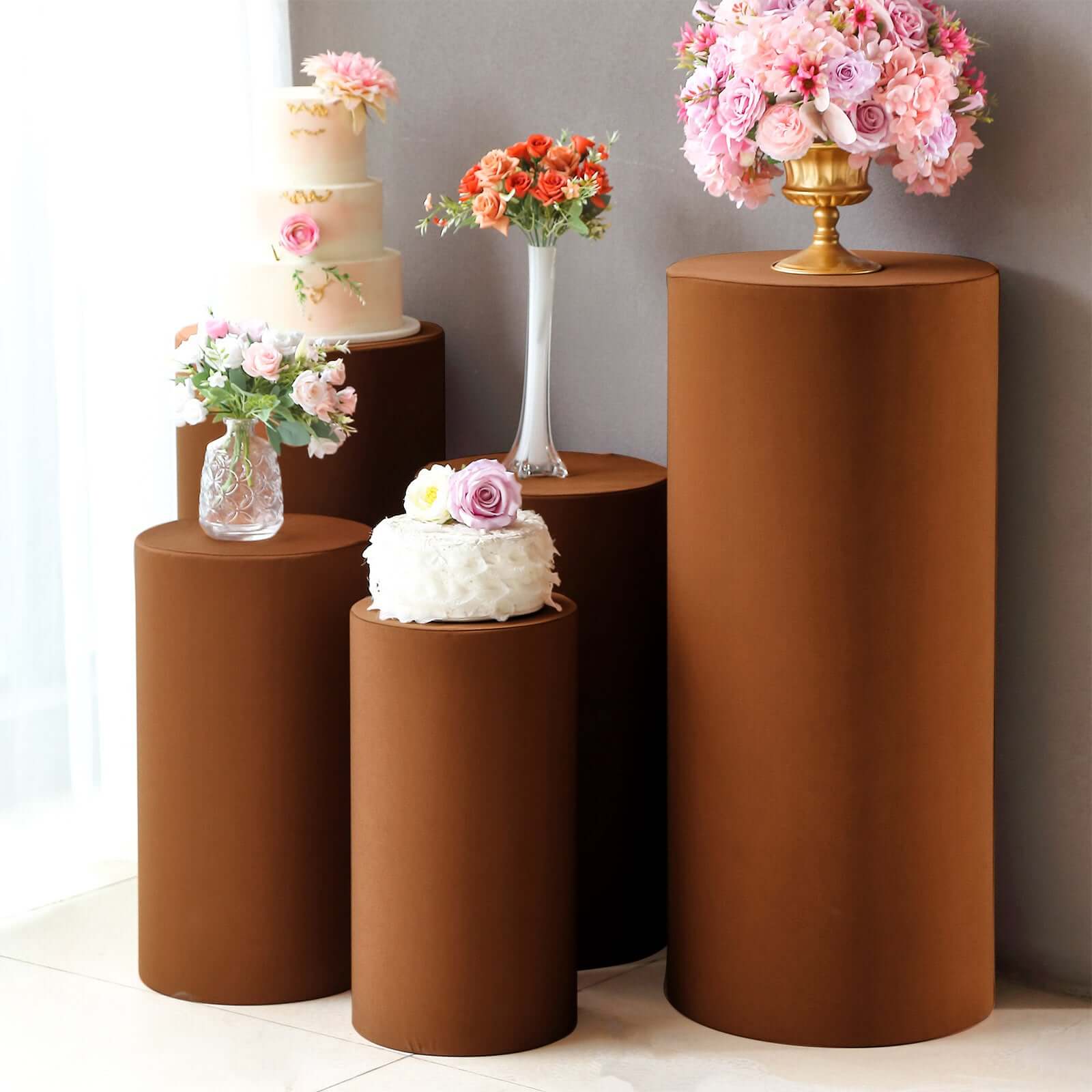 Set of 5 Cinnamon Brown Spandex Cylinder Pedestal Stand Covers, Stretchable Pillar Prop Covers - 160 GSM