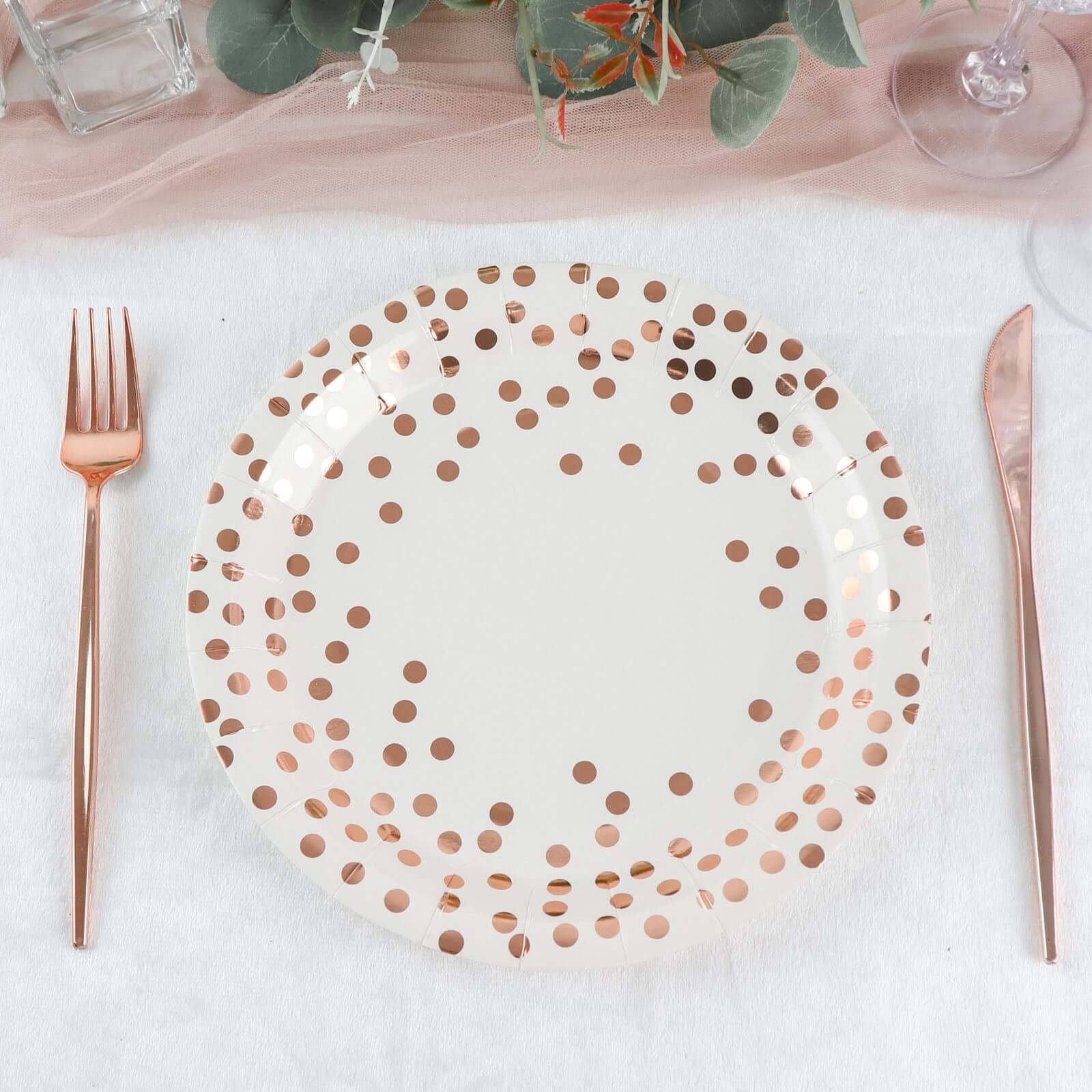 25-Pack Paper Round Dinner Plates 9 White with Metallic Rose Gold Polka Dots - Disposable 300GSM Party Plates for Banquets & Celebrations