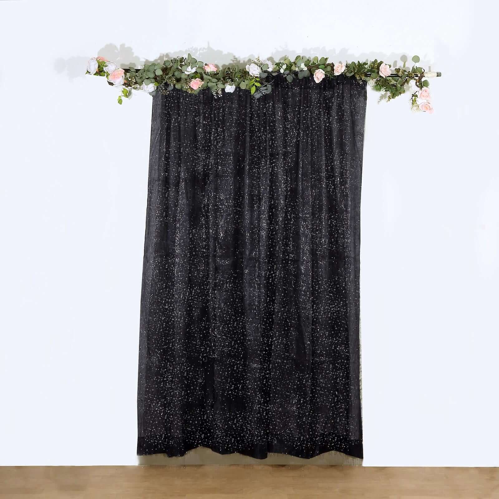 8ft Black Metallic Fringe Shag Event Drapery Panel, Shimmery Tinsel Polyester Divider Backdrop Curtain