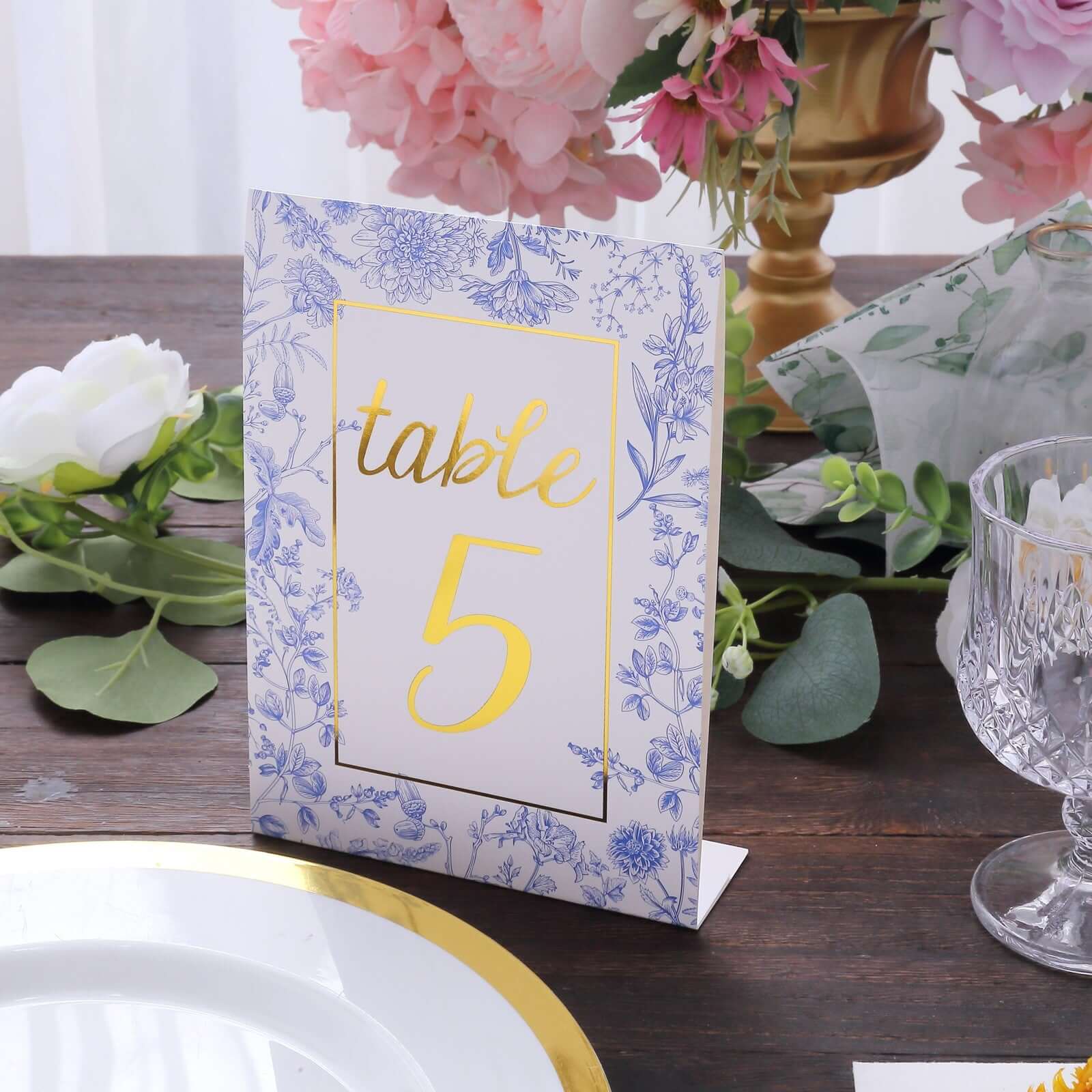 25-Pack Paper Wedding Table Numbers 1-25 White/Blue French Toile Design - Free Standing Double Sided Table Signs with Glam Gold Foil Numbers 7