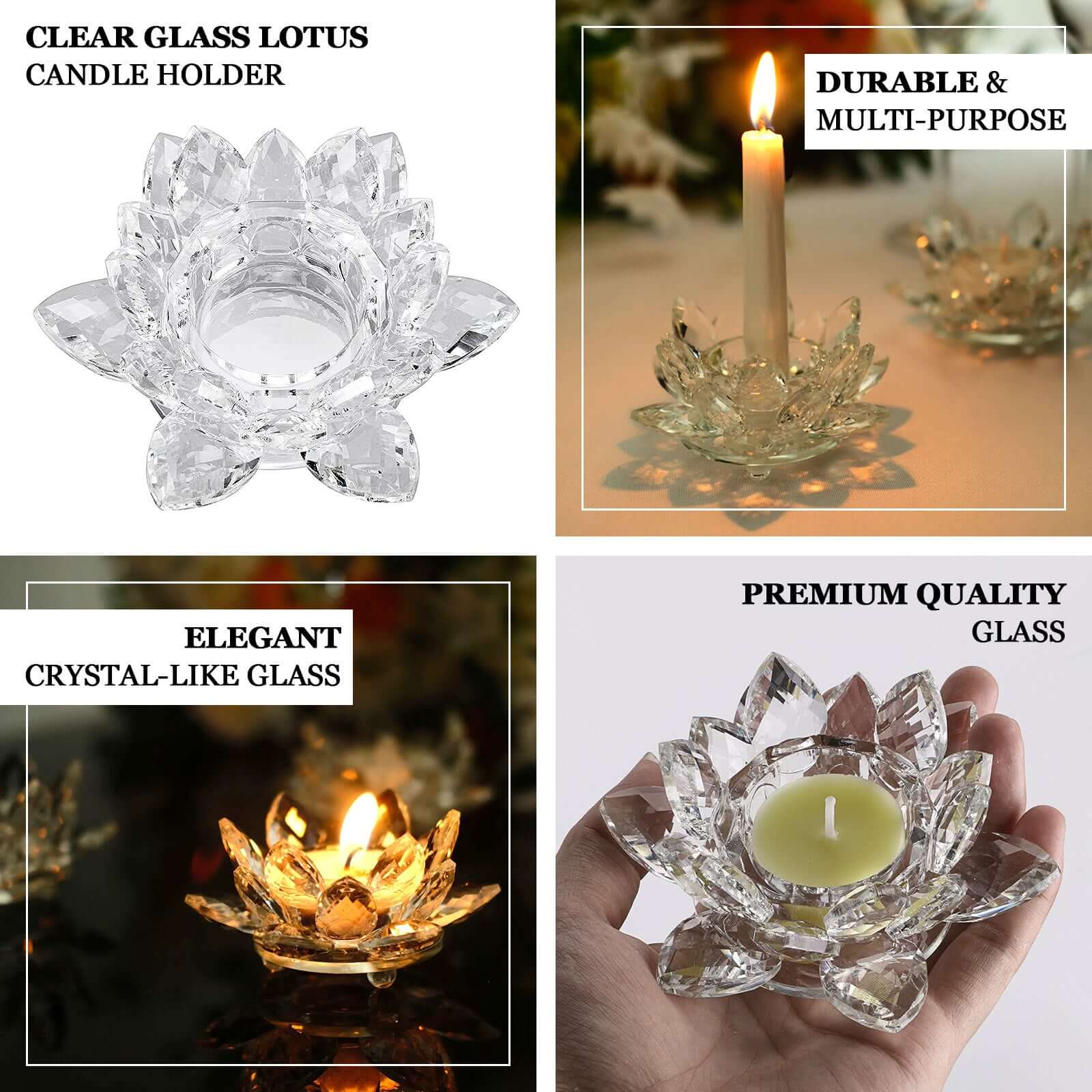 2 Pack Clear 4.5 Crystal Glass Lotus Flower Votive Candle Holders, Tealight Taper Candle Stands