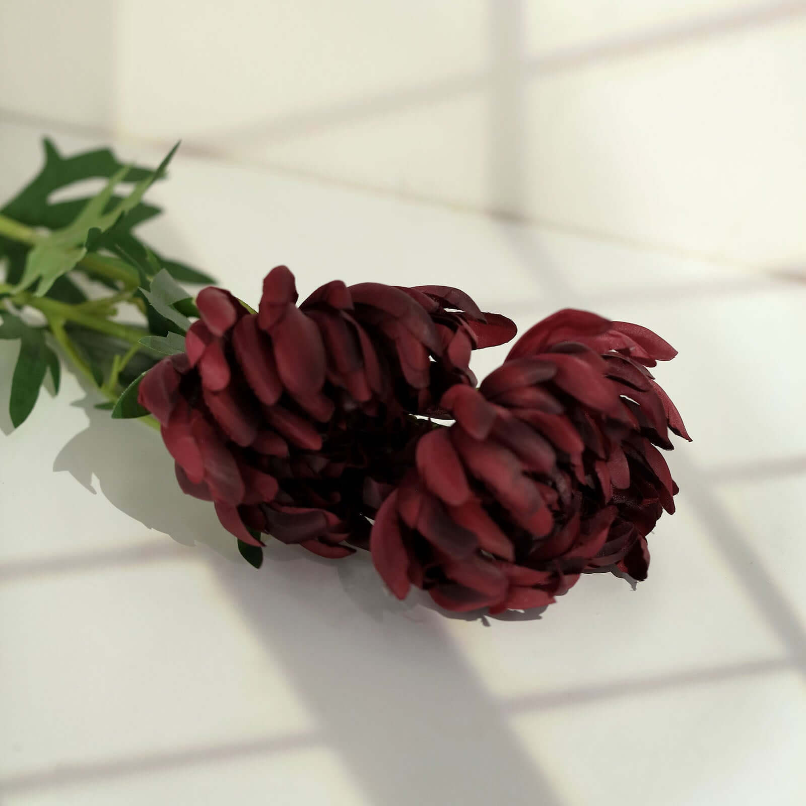 3 Stems Burgundy 27 Artificial Silk Chrysanthemum Bouquet Flowers, Large Faux Mum Branches