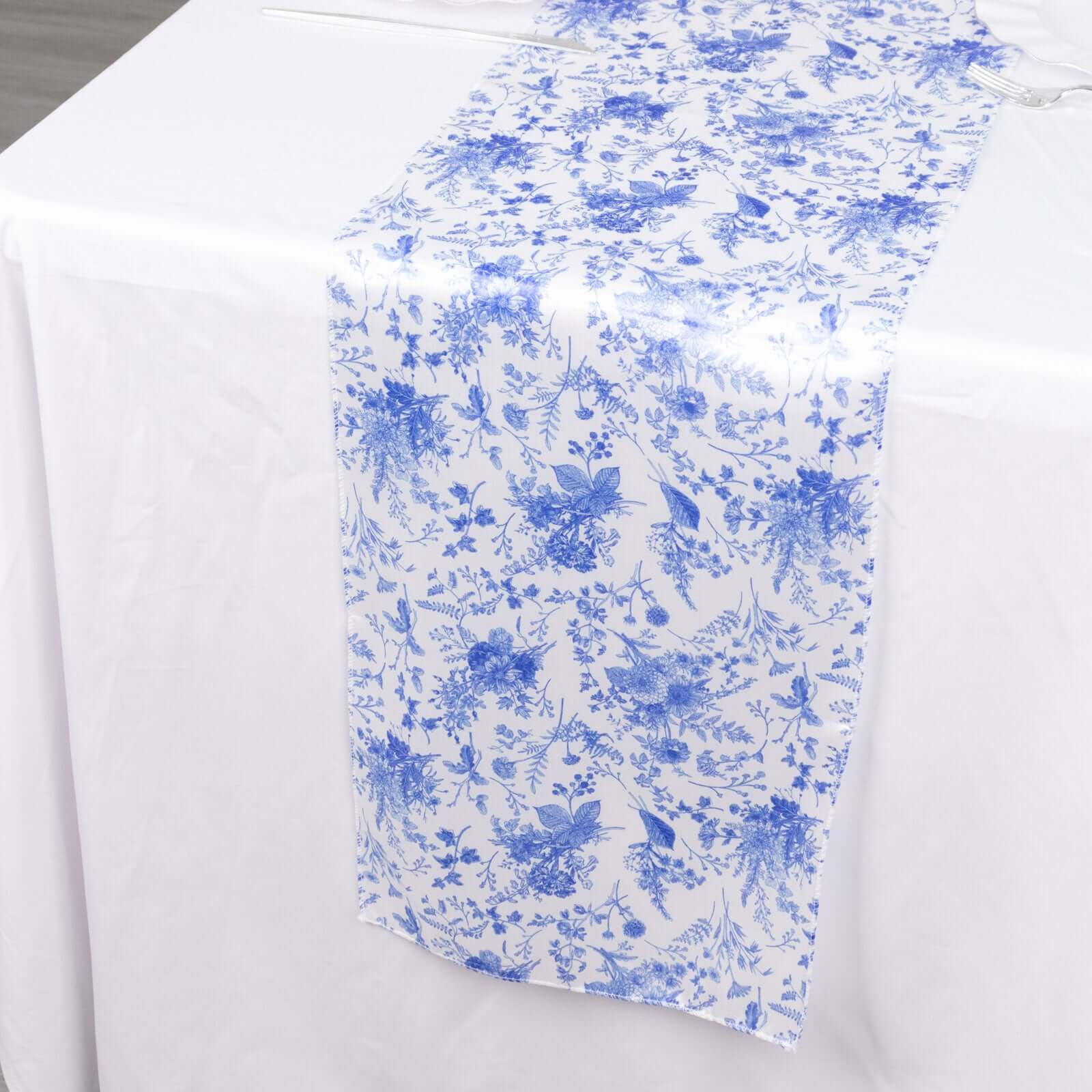 Satin 12x108 Table Runner White with Blue French Toile Floral Pattern - Refined Style for Upscale Events