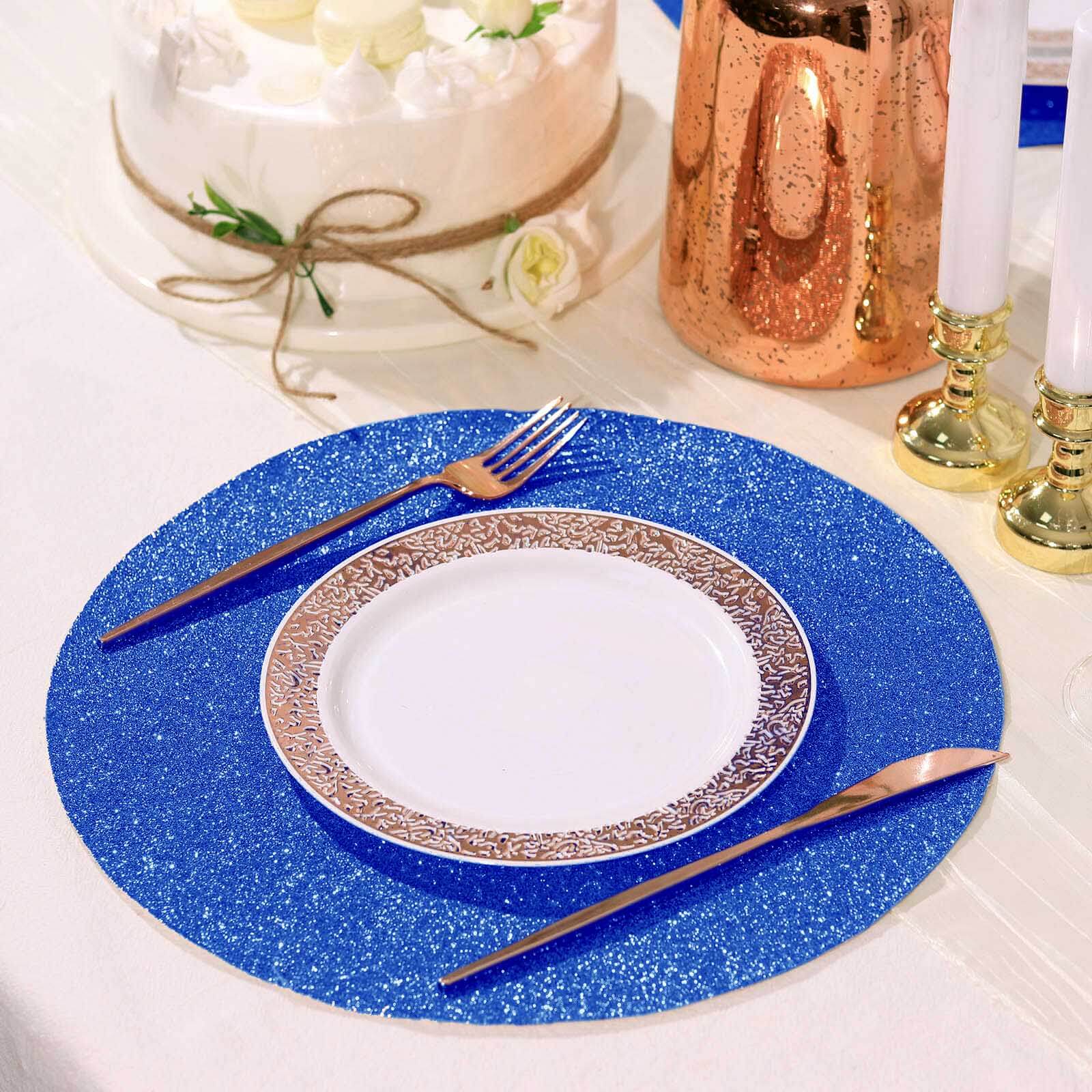 6-Pack Placemats Glitter Design Royal Blue Sparkle Round - Non-Slip Decorative Dining Table Mats 13