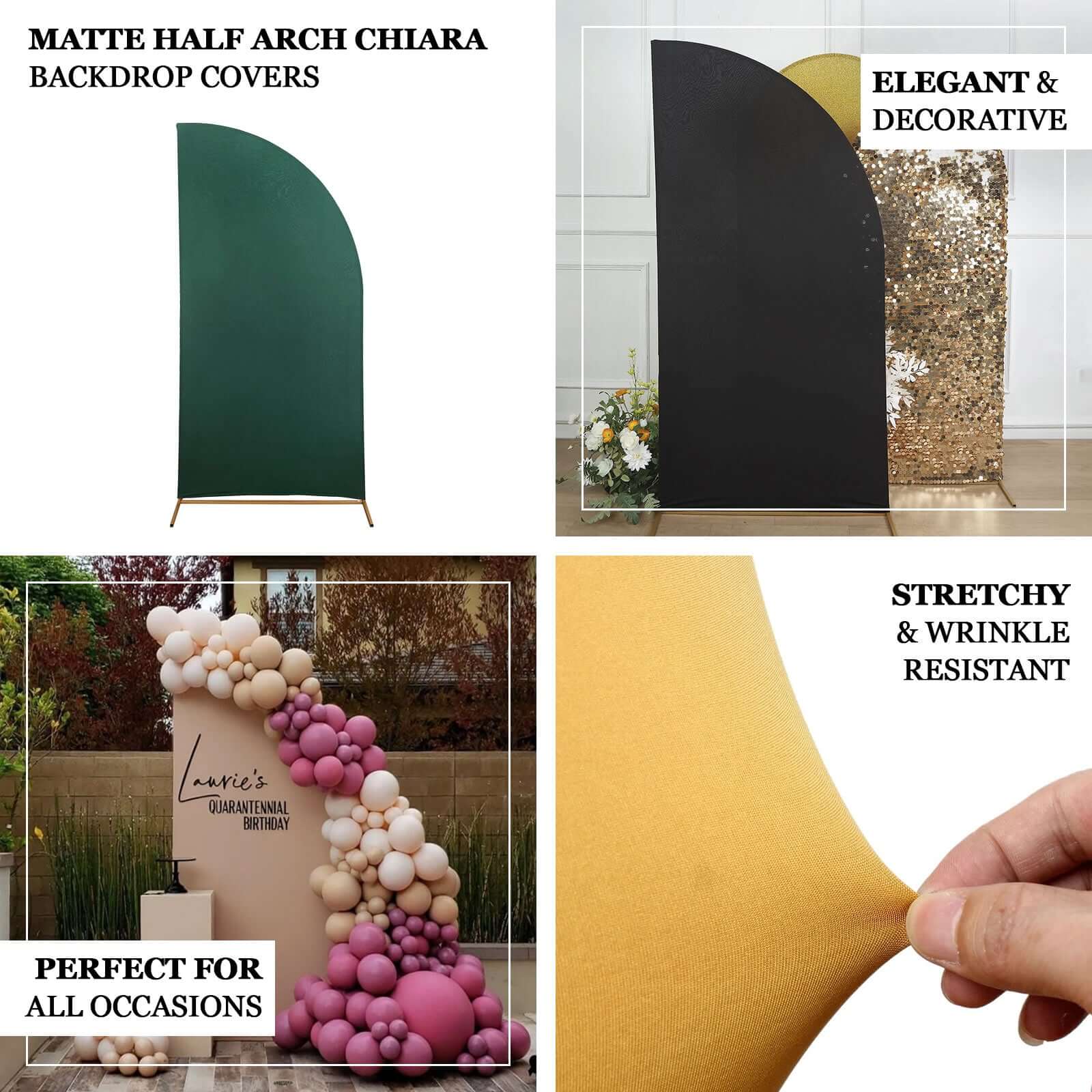 Set of 4 Matte Black Spandex Half Moon Chiara Backdrop Stand Covers, Custom Fitted Wedding Arch Covers - 2.5ft,5ft,6ft,7ft