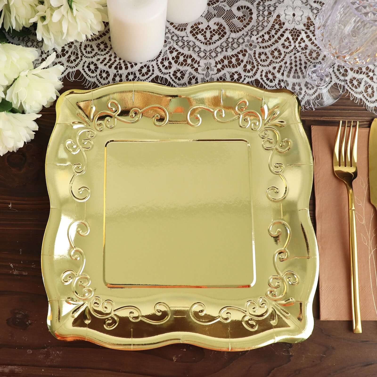 25-Pack Paper 11 Square Dinner Plates in Gold with Vintage Pottery Embossed Design - Shiny Metallic Disposable Serving Plates for Glamorous Dinners & Events