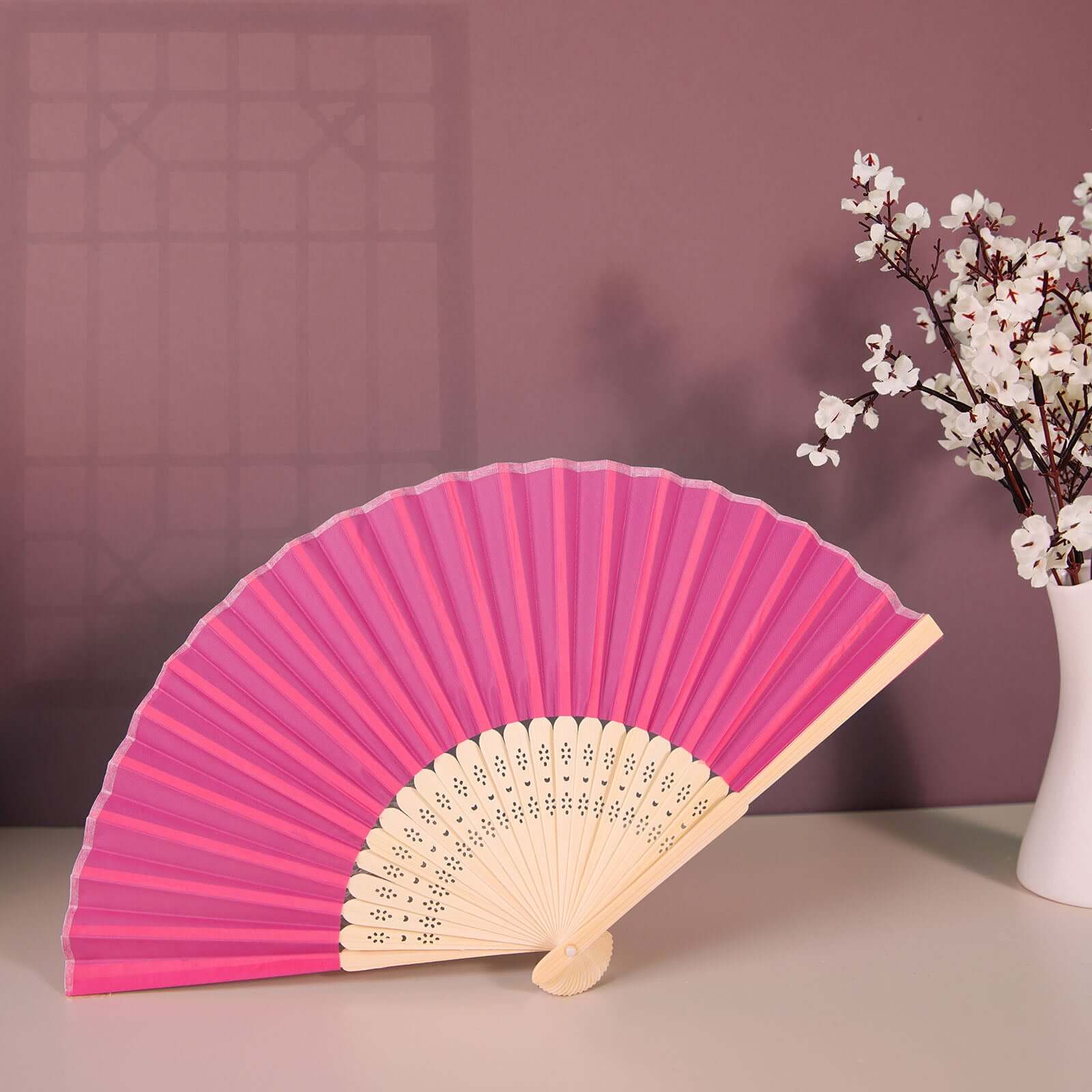 5 Pack Fuchsia Asian Silk Folding Fans Party Favors, Oriental Folding Fan Favors