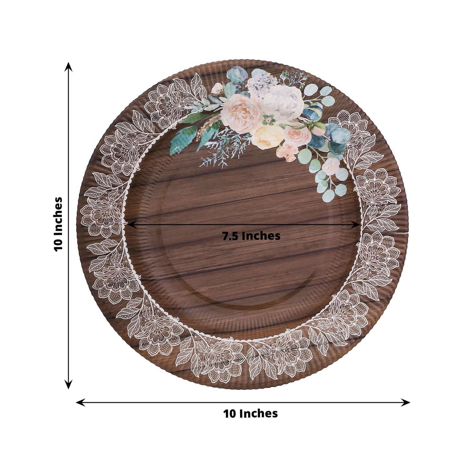 25-Pack Paper 10 Round Dinner Plates in Brown Wood Print with Floral Lace Rim - Disposable Party Plates for Farmhouse Weddings & Rustic Themes