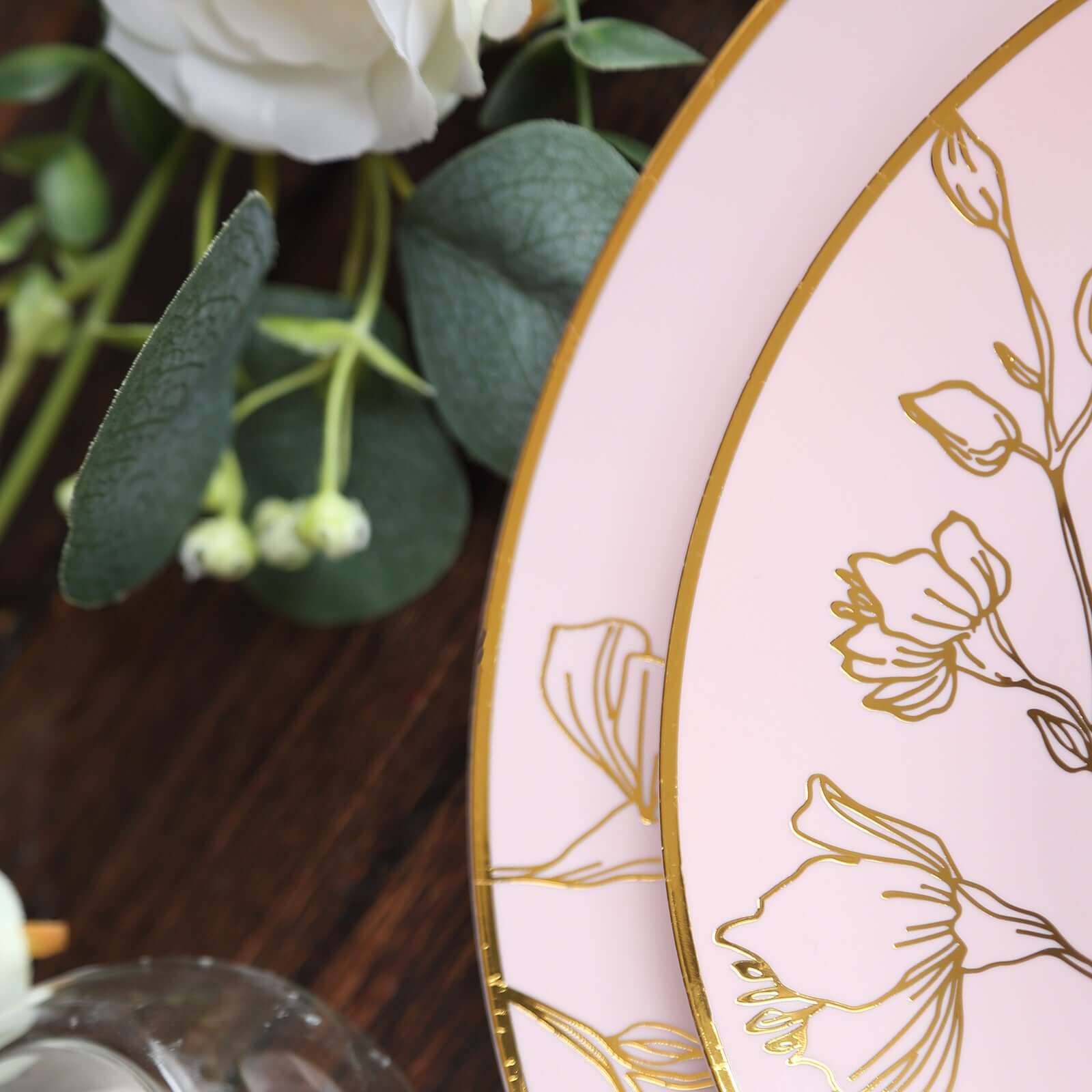 Set of 20 Plastic Round Dinner and Dessert Plates in Dusty Rose with Metallic Gold Floral Design - Stylish Disposable Dinnerware 8, 10