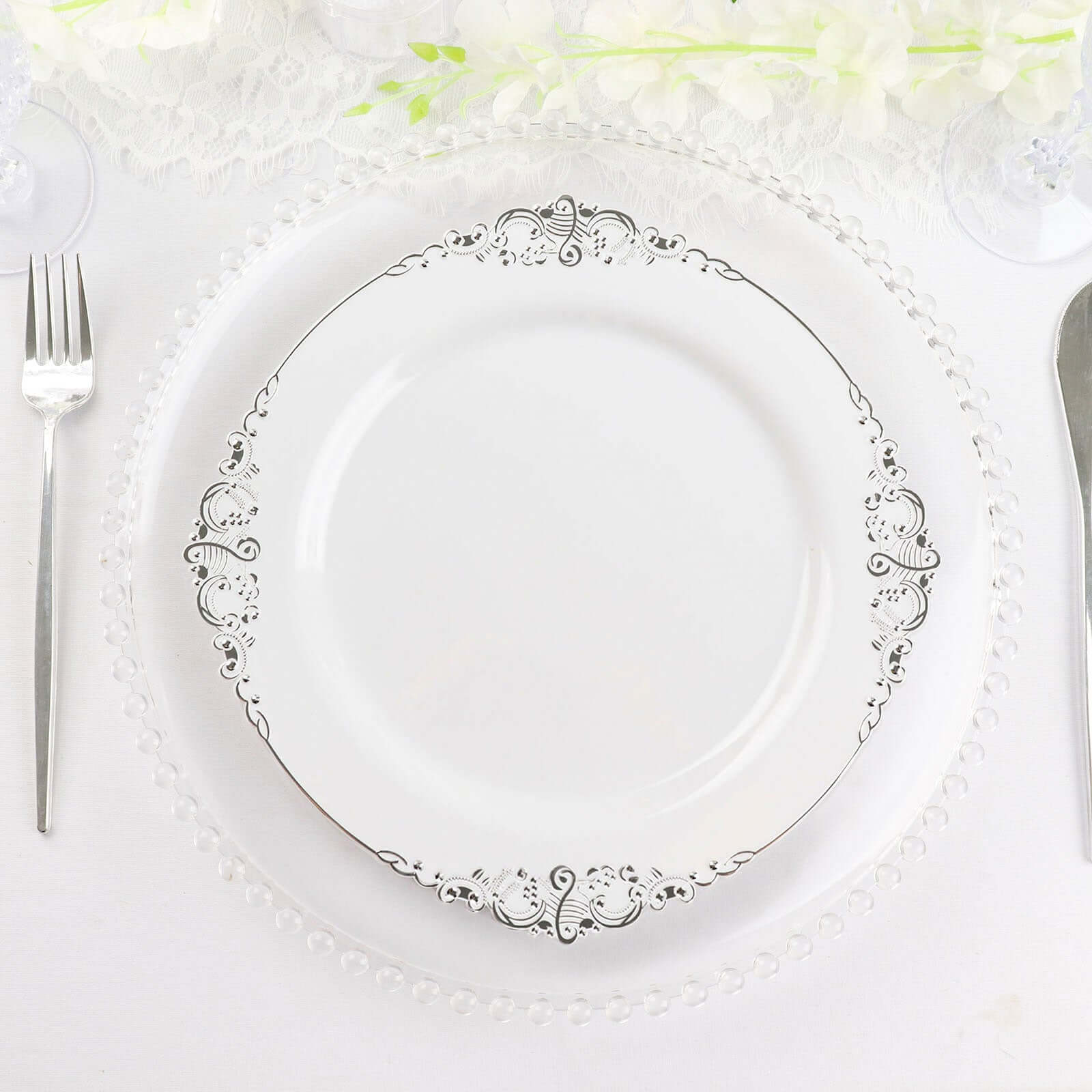 10-Pack Plastic 10 Round Dinner Plates in White with Silver Leaf Embossed Rim - Disposable Vintage Baroque Style Plates