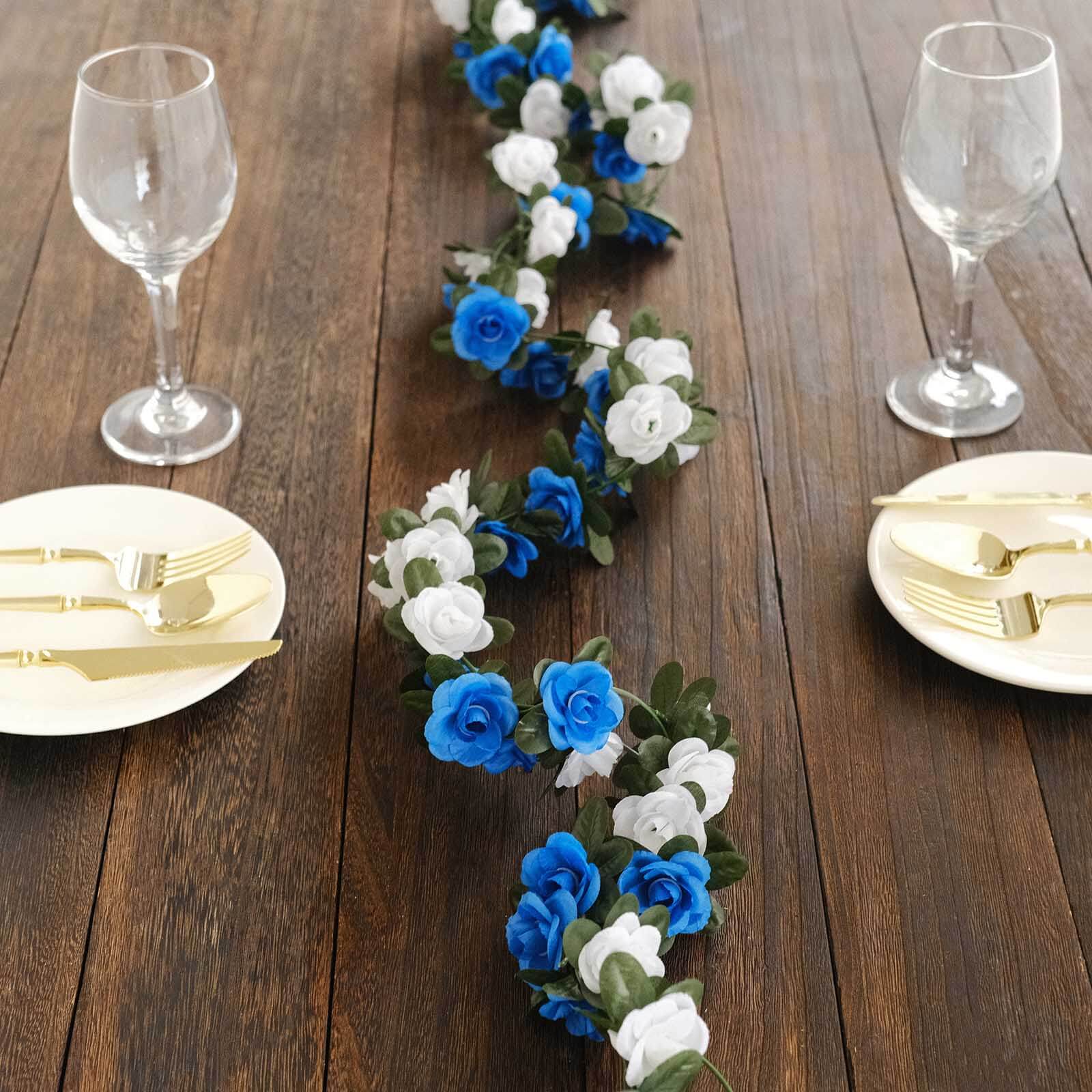 2 Pack 8ft White Royal Blue Artificial Silk Flower Garland Mini Rose Vines with 45 Flower Heads