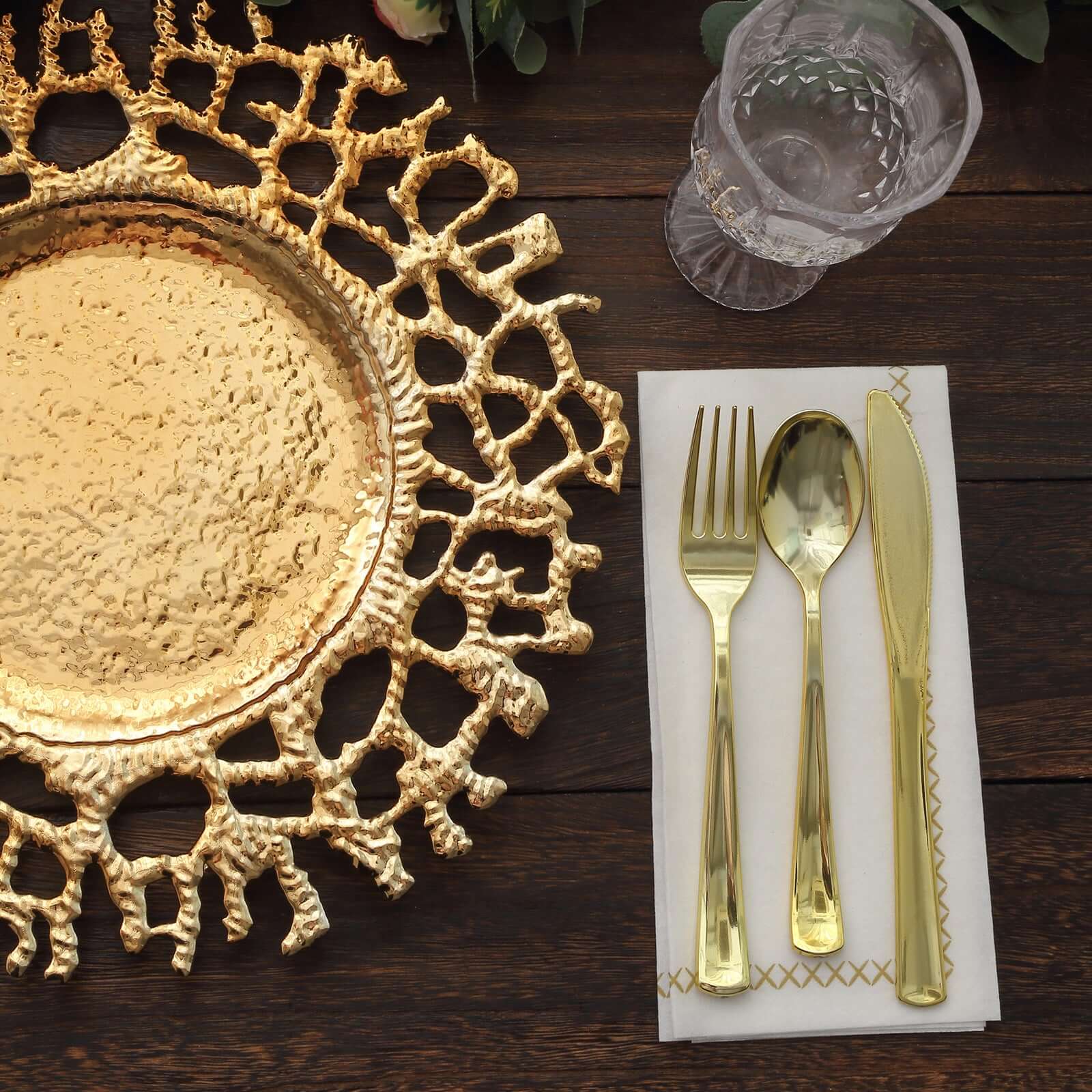 6-Pack Acrylic Round Charger Plates 13 in Gold with Molten Branch Design, Plastic Hollow Lace Decorative Dinner Party Charger Tableware