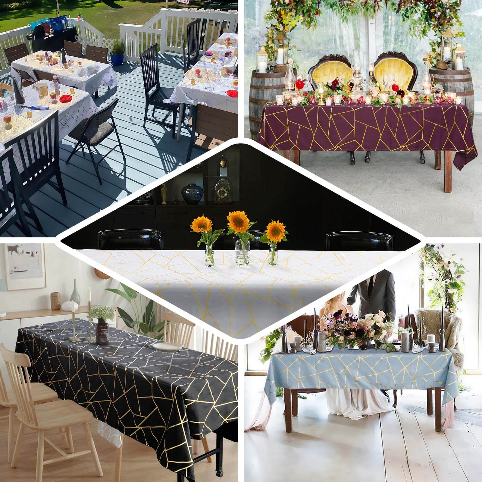 Polyester 60x102 Rectangle Tablecloth Black with Gold Foil Geometric Pattern - Wrinkle-Resistant & Durable Table Cover