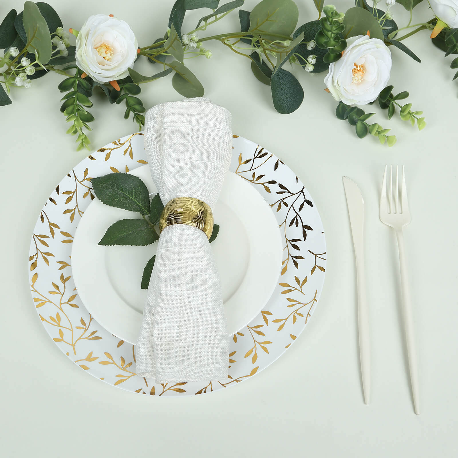 10-Pack Plastic 10 Round Dinner Plates in White with Gold Leaf Design - Heavy Duty Disposable Party Plates for Stylish Events & Memorable Gatherings