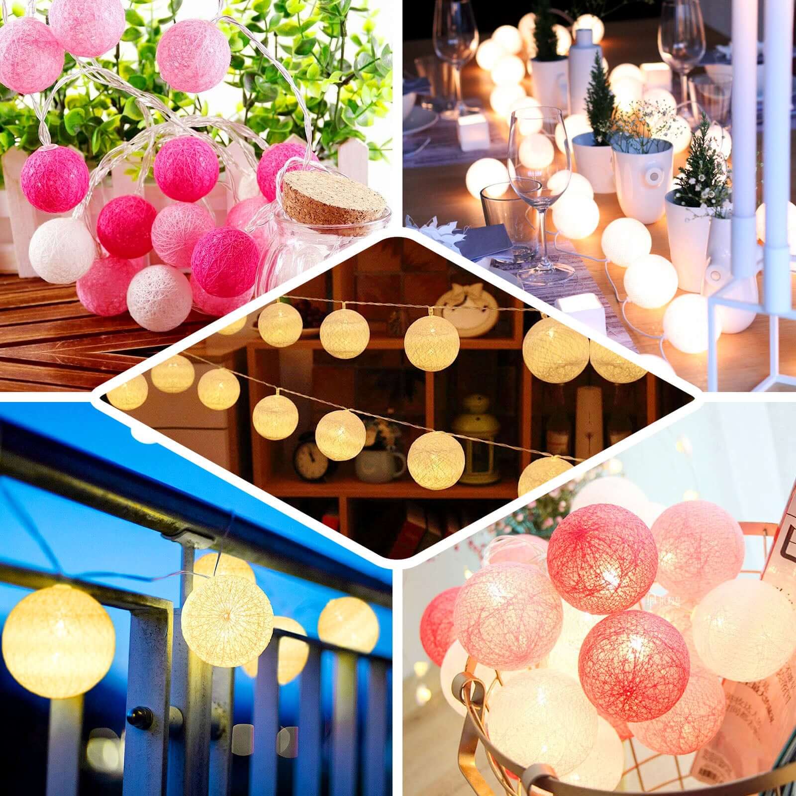 20 LED String Light Garland Pink Cotton Ball Blush, Fuchsia Warm White - Battery Operated Accent Piece 13ft