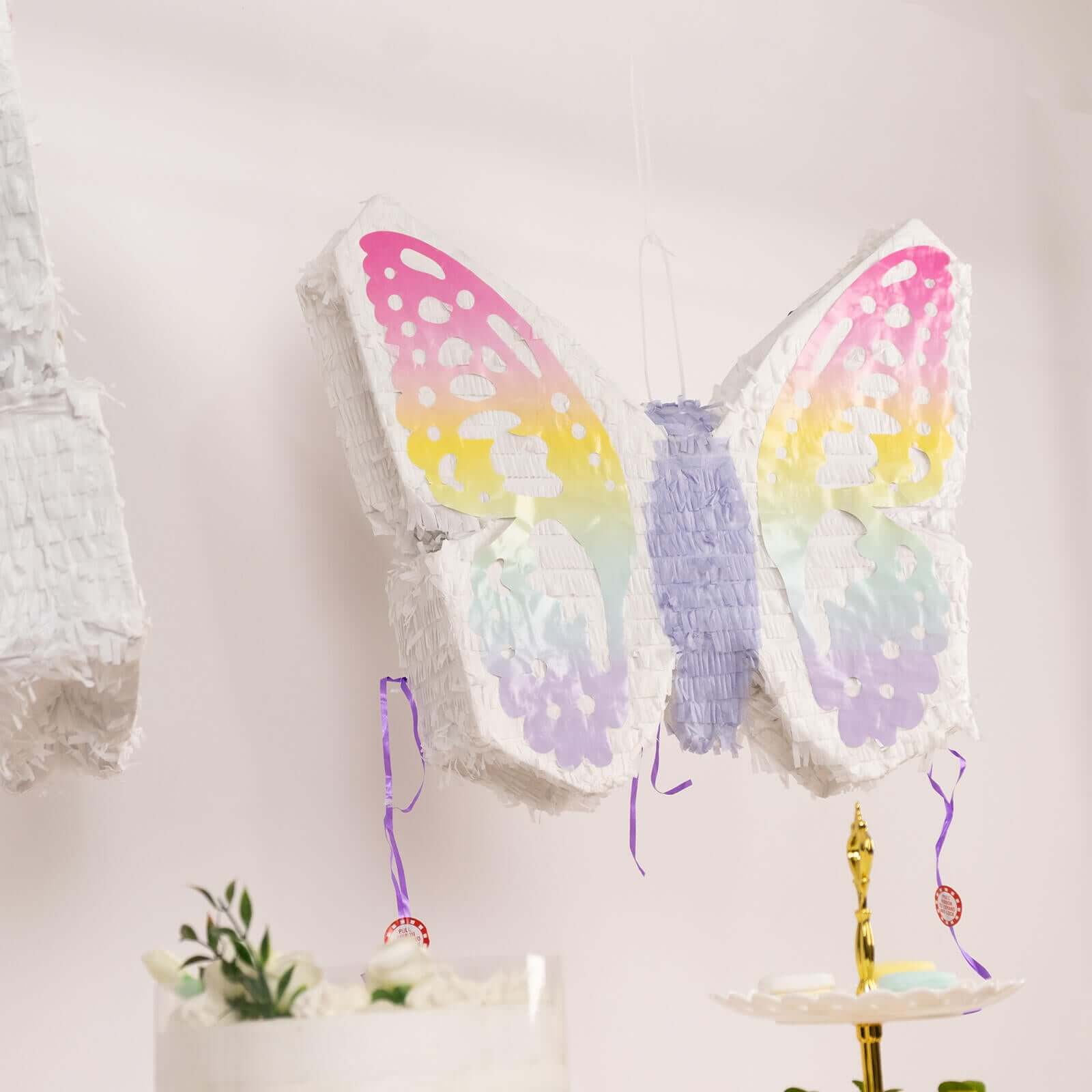 Expandable White Lilac Paper Butterfly Pinata Hanging Decor with Pastel Colored Wings, Fairy Themed Birthday Party Pinata - 23x19