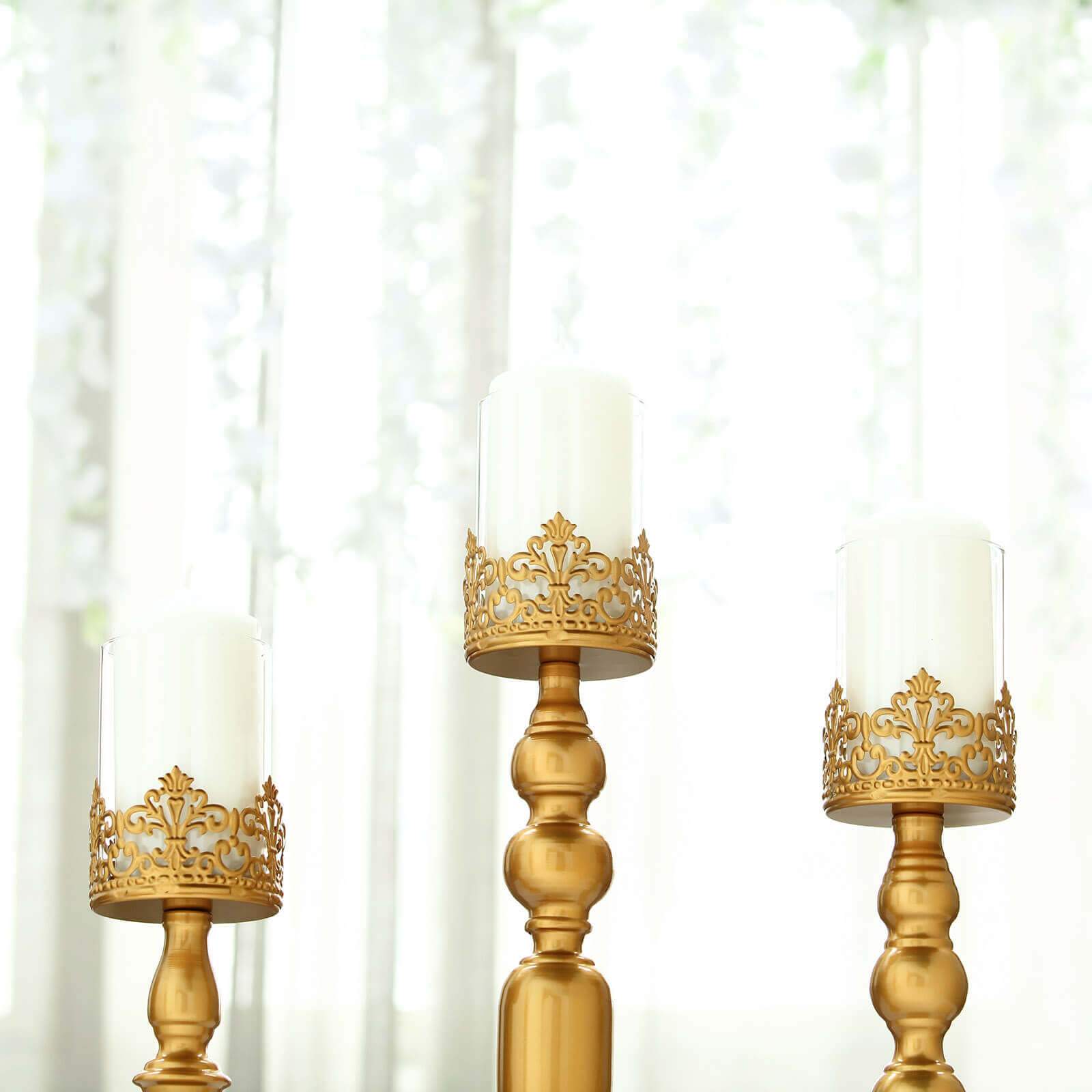 Set of 3 Lace Hurricane Candle Holders Antique Gold with Glass Shades - Chic Pillar Candle Stands 12, 14, 17