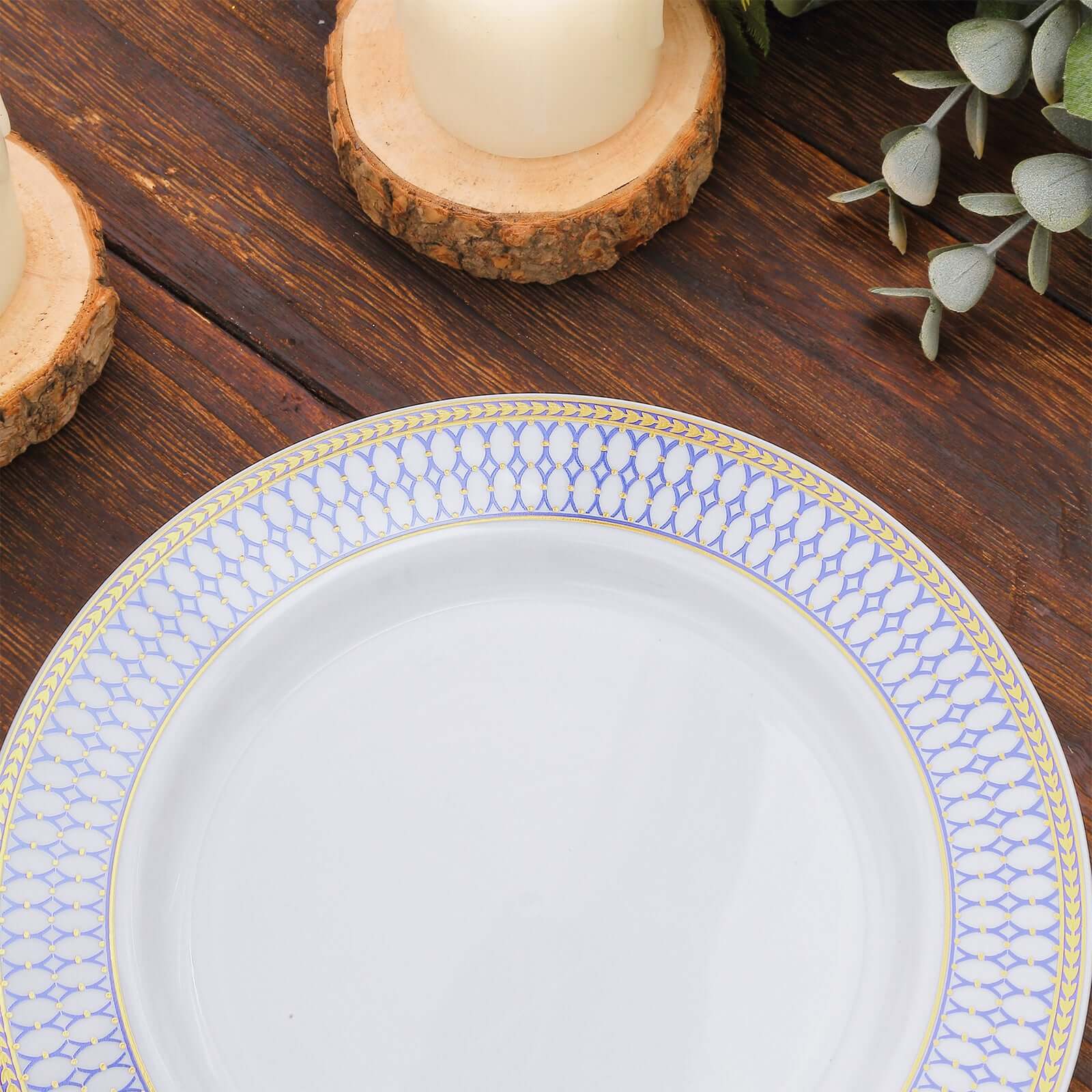 10-Pack Plastic 7 Round Dessert Plates in White with Gold Navy Blue Chord Rim - Renaissance Style Disposable Salad Appetizer Plates for Events & Banquets