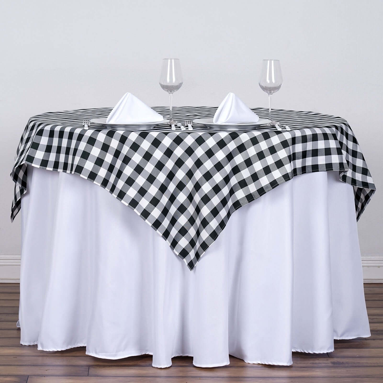 Polyester 54x54 Table Overlay Square Tablecloth White/Black - Checkered Buffalo Plaid Design for Casual Table Settings