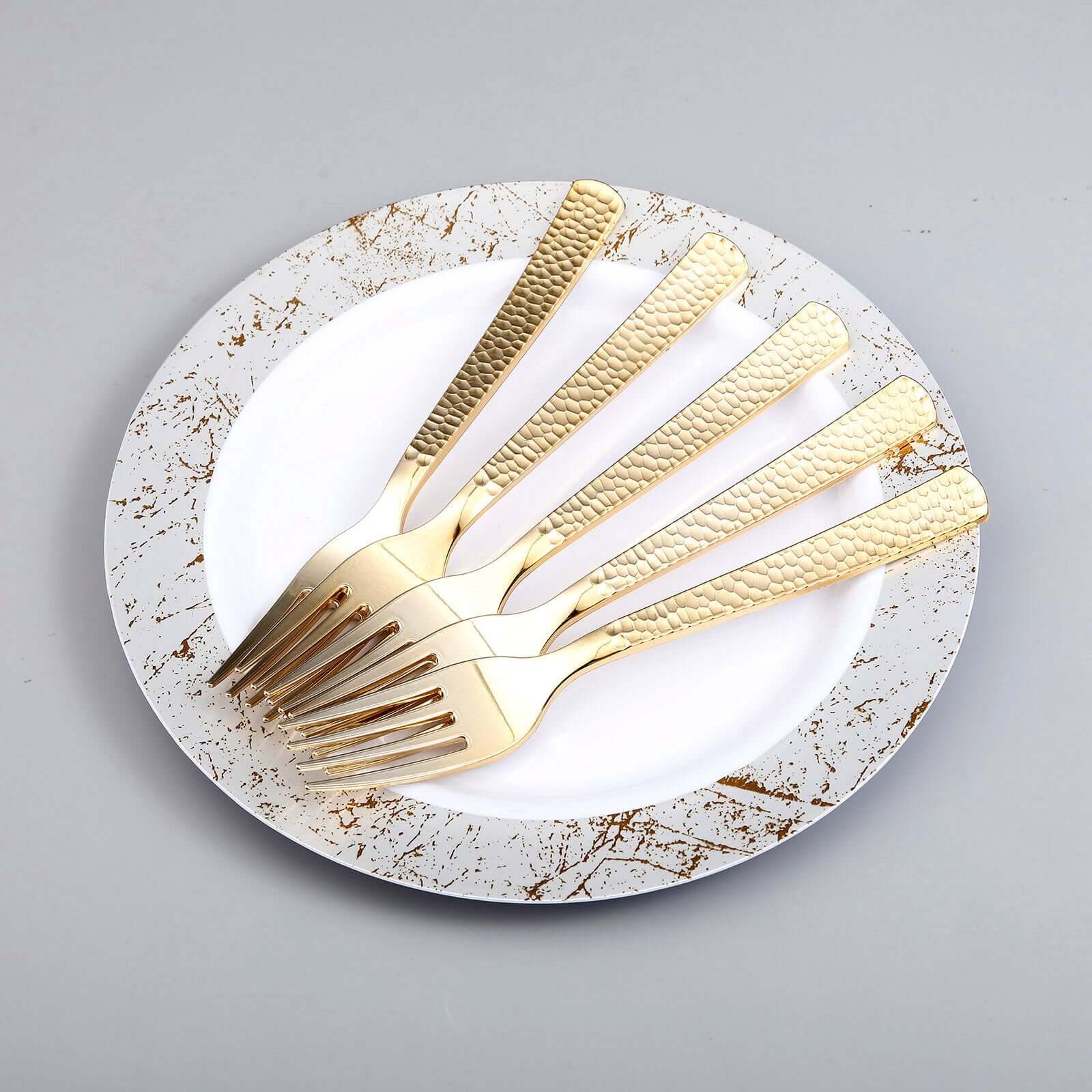 24-Pack Plastic Forks with Hammered Style Gold - Heavy Duty Disposable Silverware 7