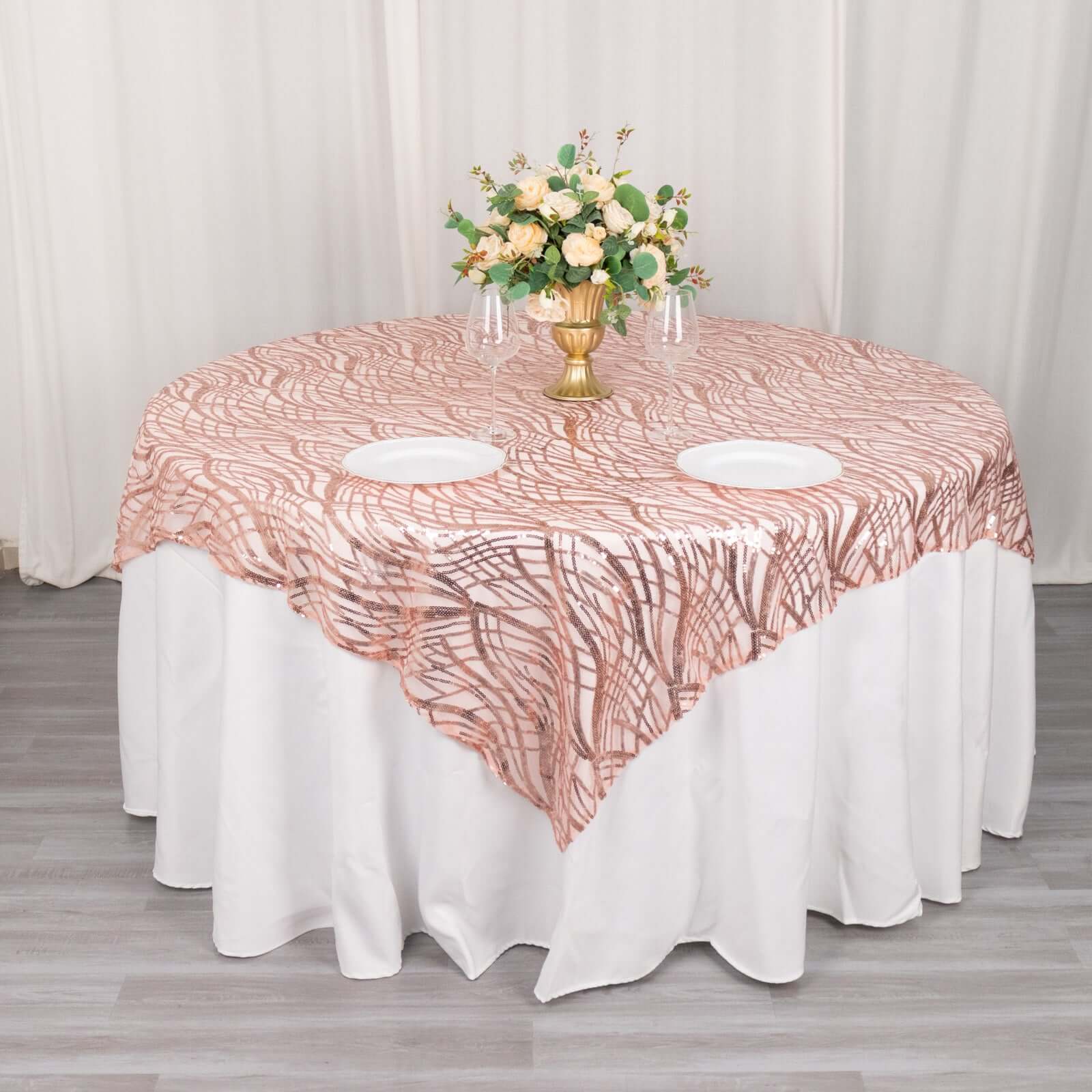 Mesh 72x72 Table Overlay Square Tablecloth Blush - Wave Embroidered Sequins Table Topper