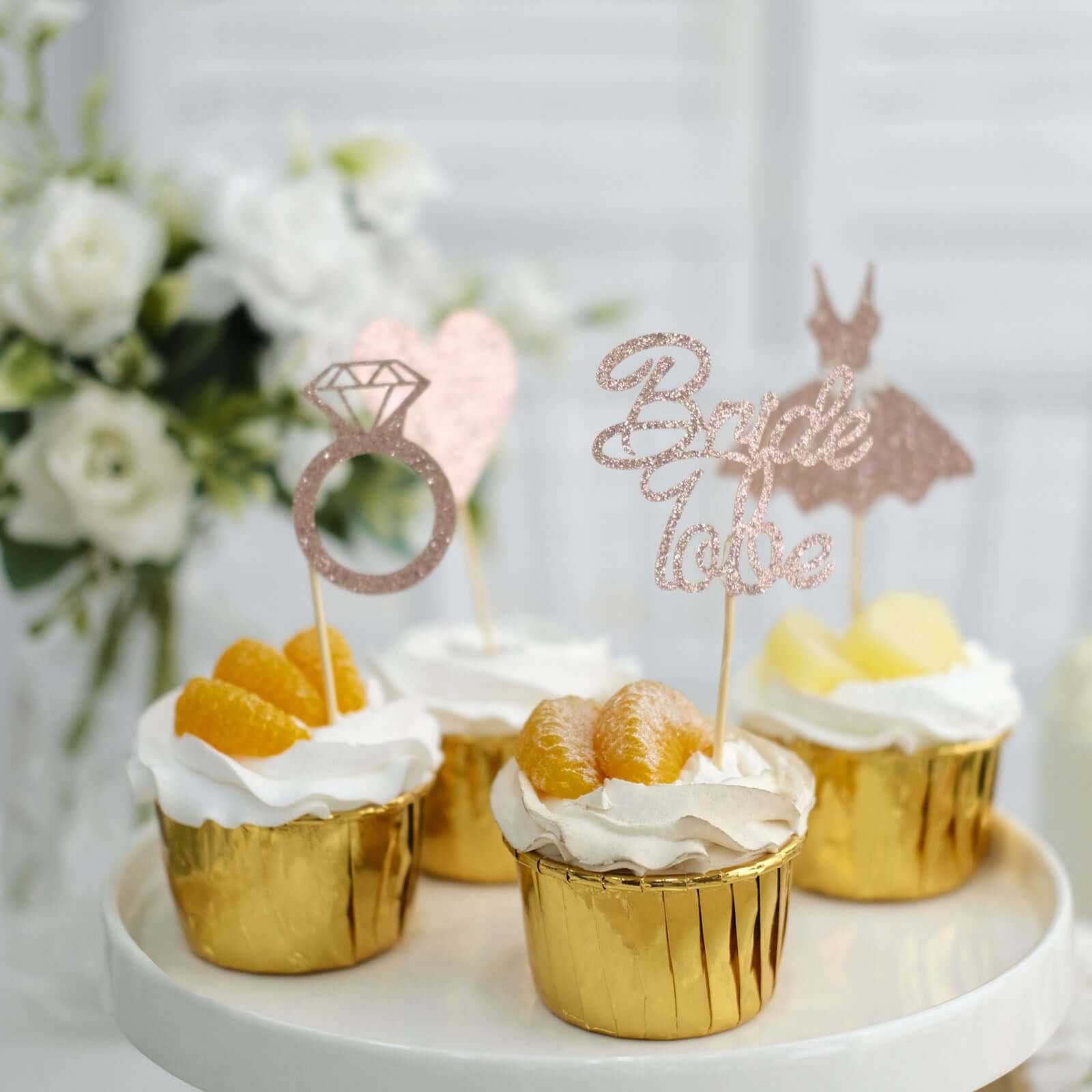 24-Pack Cupcake Topper Picks Bridal Shower Design Rose Gold Glitter - Wedding Cake Decoration Supplies Assorted Styles