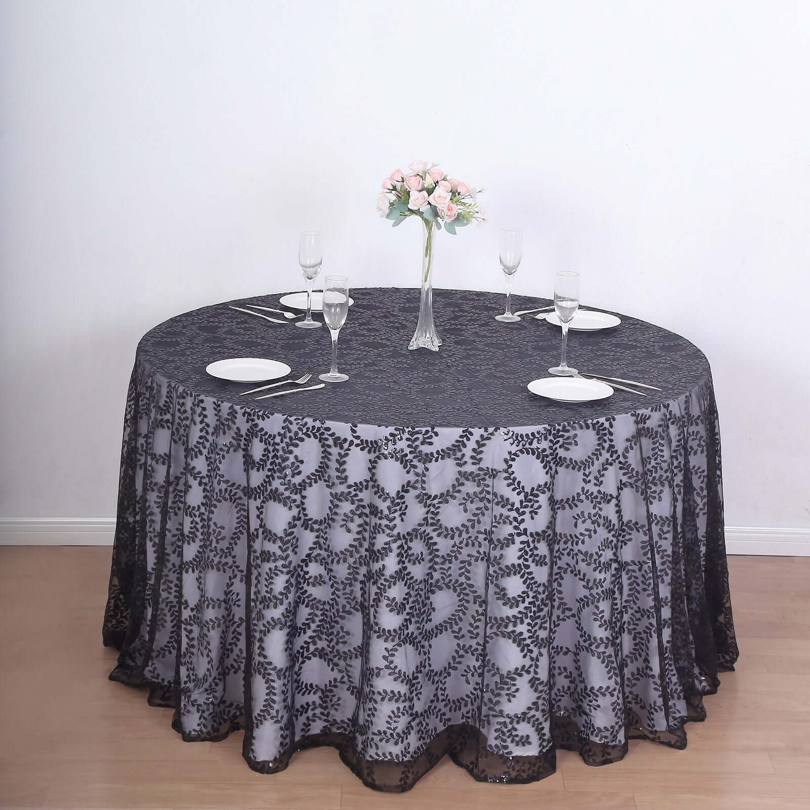 Tulle 120 Round Tablecloth Black - Seamless Sequin Leaf Embroidered Table Cover