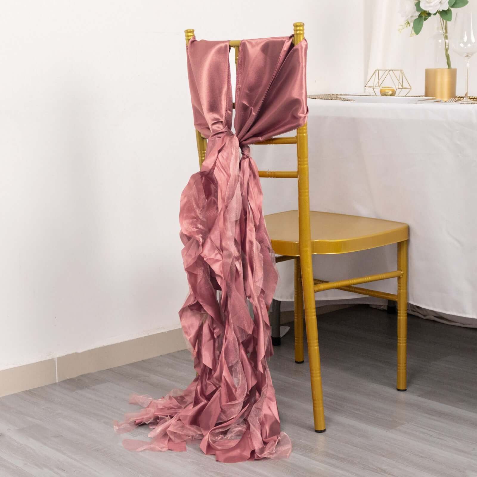 5 Pack Chiffon Satin Chair Sashes Cinnamon Rose - Easy to Install Ruffled Curly Willow